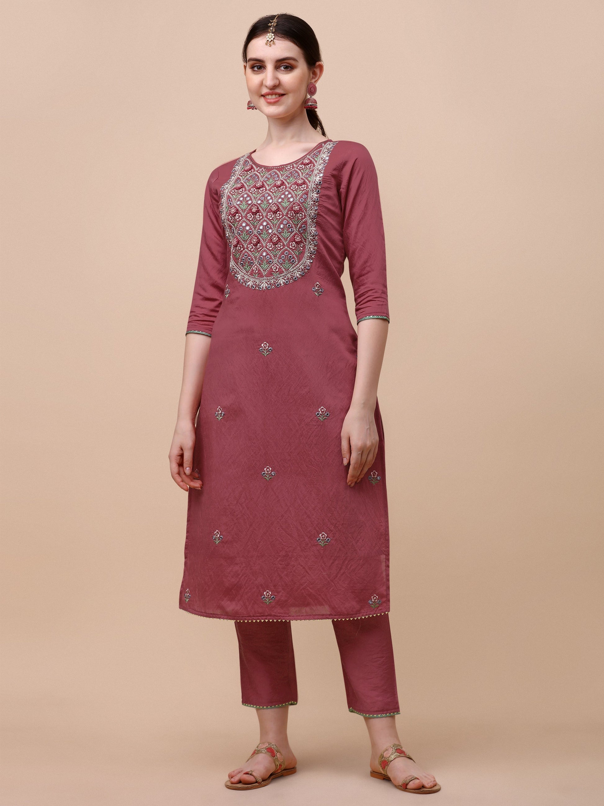 Hand Embroidered Pink Chanderi Kurta With Pant & Dupatta Set Premium, Multicolor - Hiral Fashion