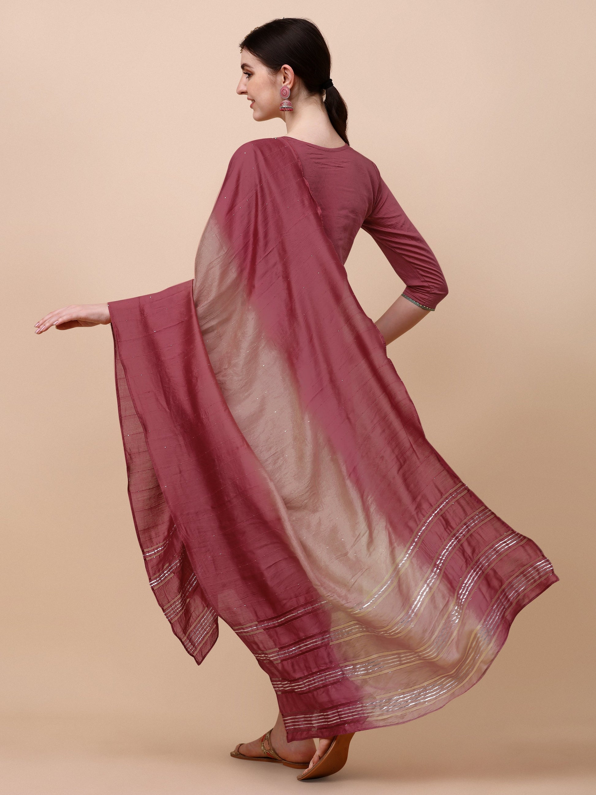 Hand Embroidered Pink Chanderi Kurta With Pant & Dupatta Set Premium, Multicolor - Hiral Fashion