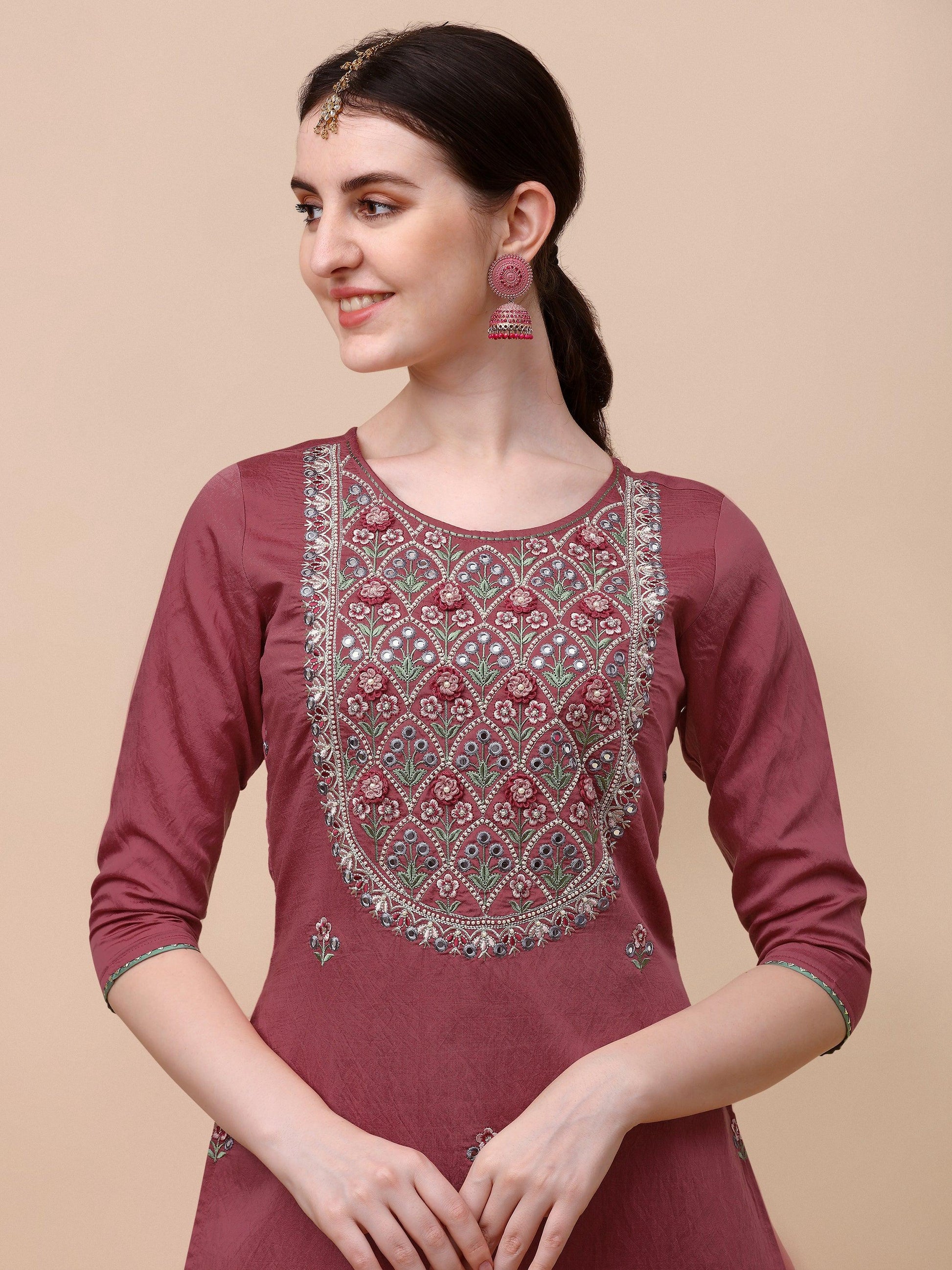 Hand Embroidered Pink Chanderi Kurta With Pant & Dupatta Set Premium, Multicolor - Hiral Fashion