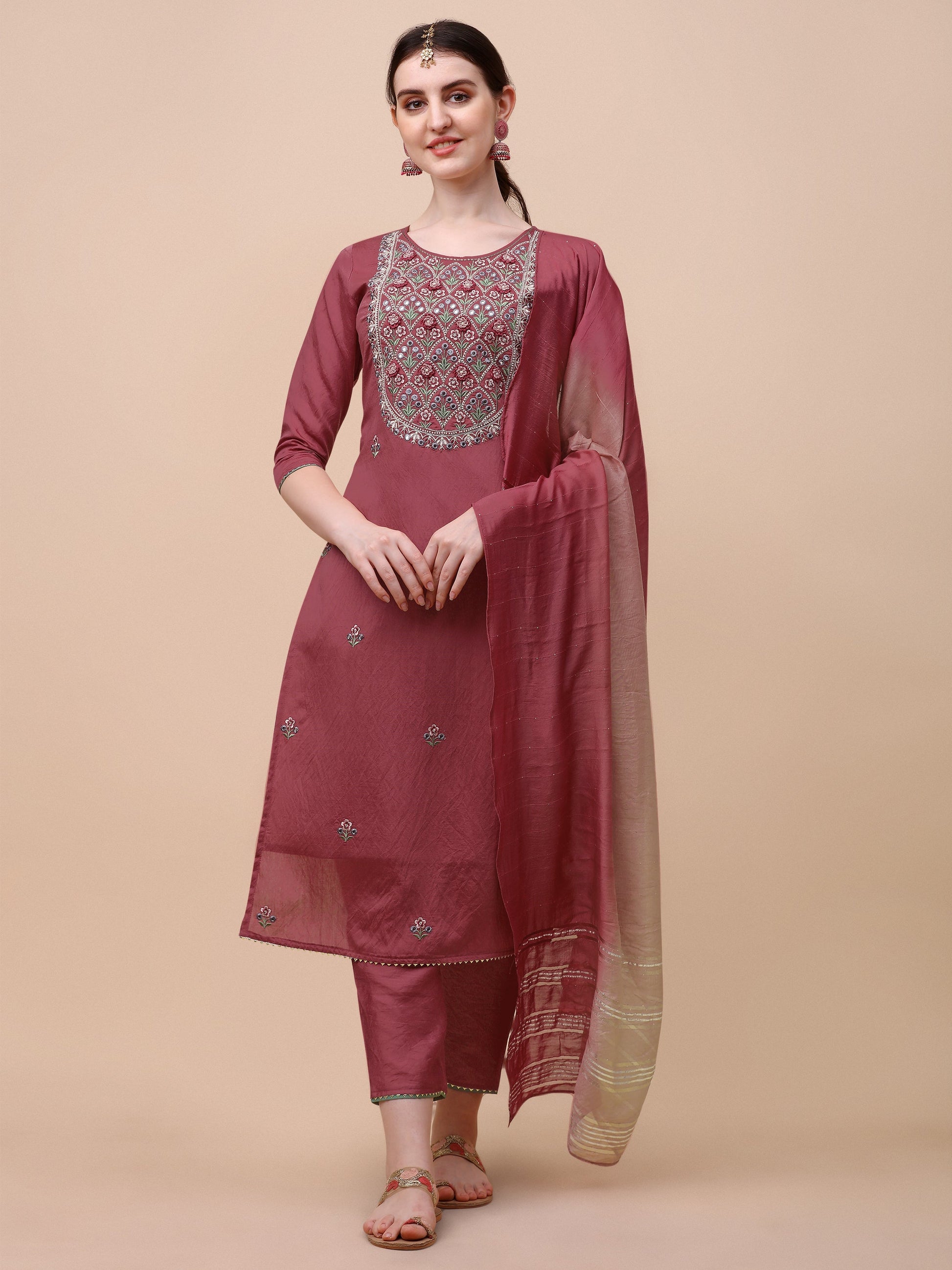 Hand Embroidered Pink Chanderi Kurta With Pant & Dupatta Set Premium, Multicolor - Hiral Fashion
