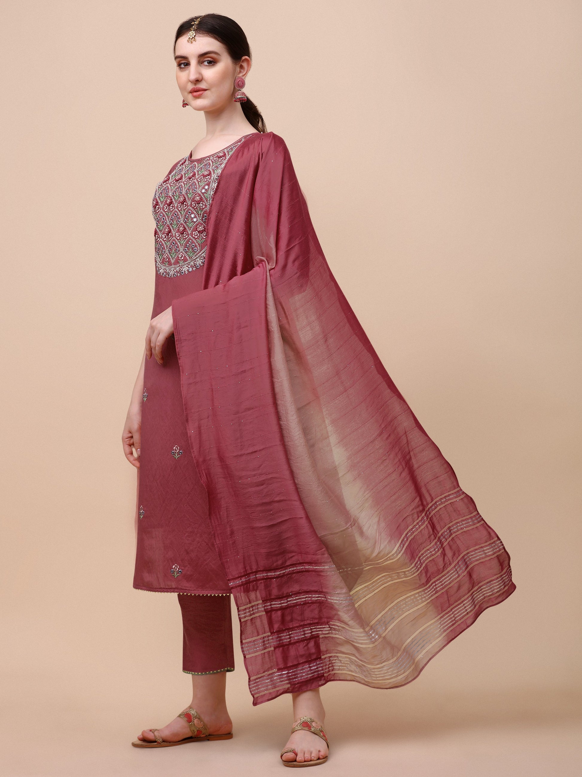 Hand Embroidered Pink Chanderi Kurta With Pant & Dupatta Set Premium, Multicolor - Hiral Fashion