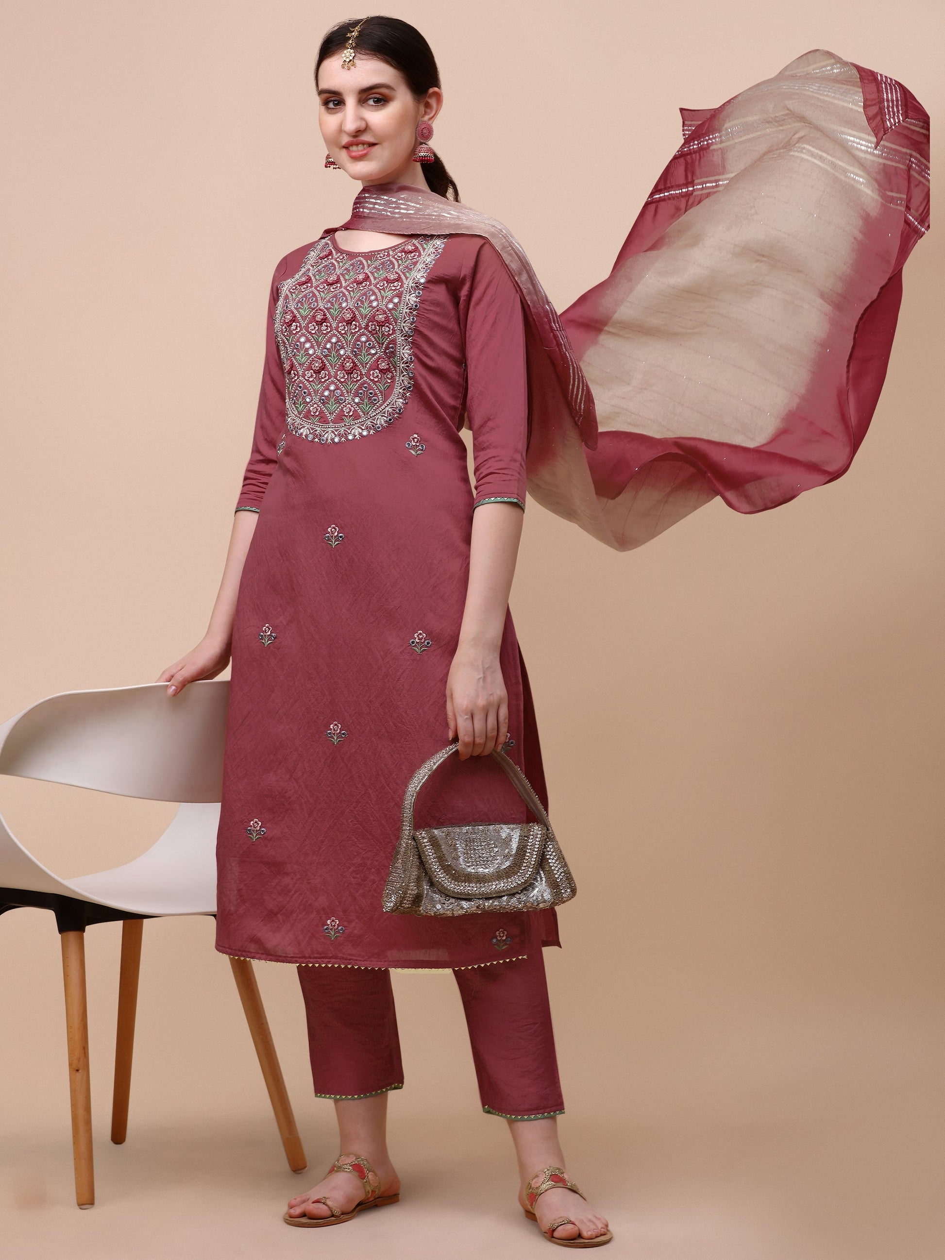 Hand Embroidered Pink Chanderi Kurta With Pant & Dupatta Set Premium, Multicolor - Hiral Fashion