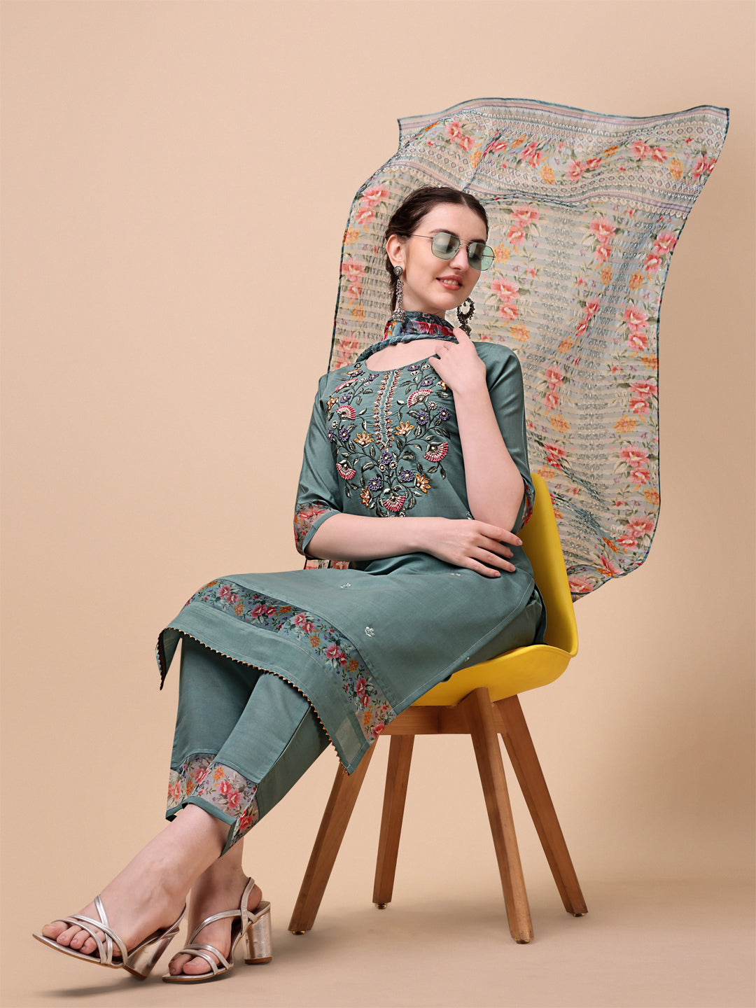 Embroidered Kurta With Pant And Printed Dupatta Set, Multicolor - Hiral Fashion