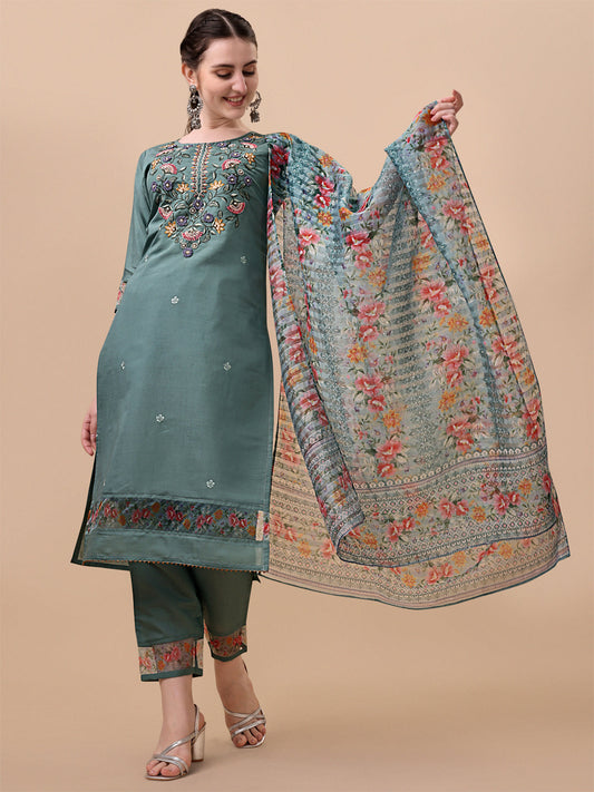 Embroidered Kurta With Pant And Printed Dupatta Set, Multicolor - Hiral Fashion