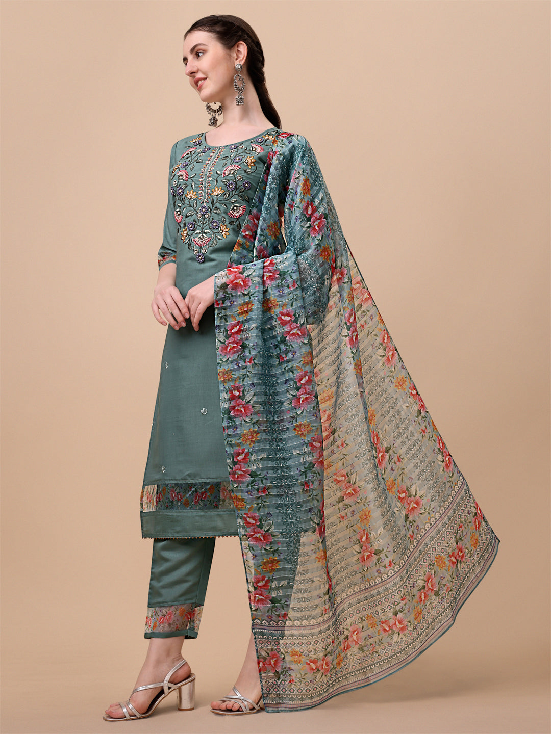 Embroidered Kurta With Pant And Printed Dupatta Set, Multicolor - Hiral Fashion