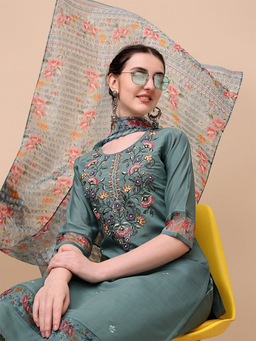 Embroidered Kurta With Pant And Printed Dupatta Set, Multicolor - Hiral Fashion