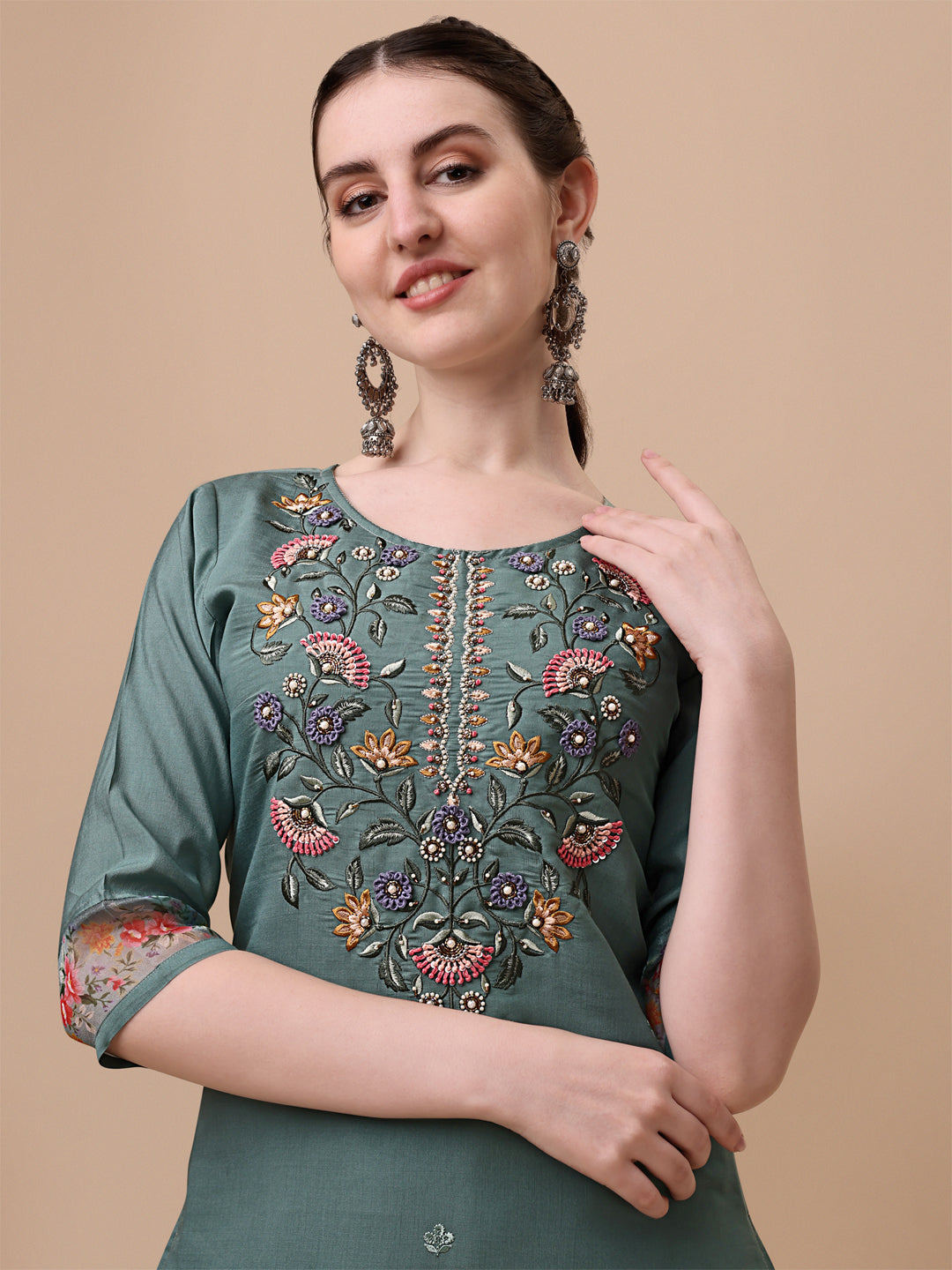 Embroidered Kurta With Pant And Printed Dupatta Set, Multicolor - Hiral Fashion