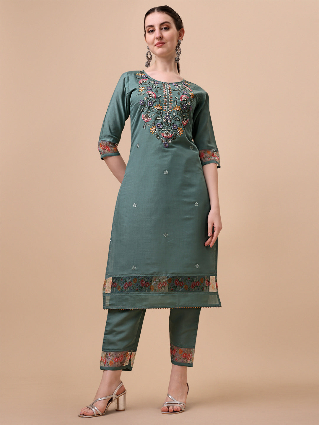 Embroidered Kurta With Pant And Printed Dupatta Set, Multicolor - Hiral Fashion