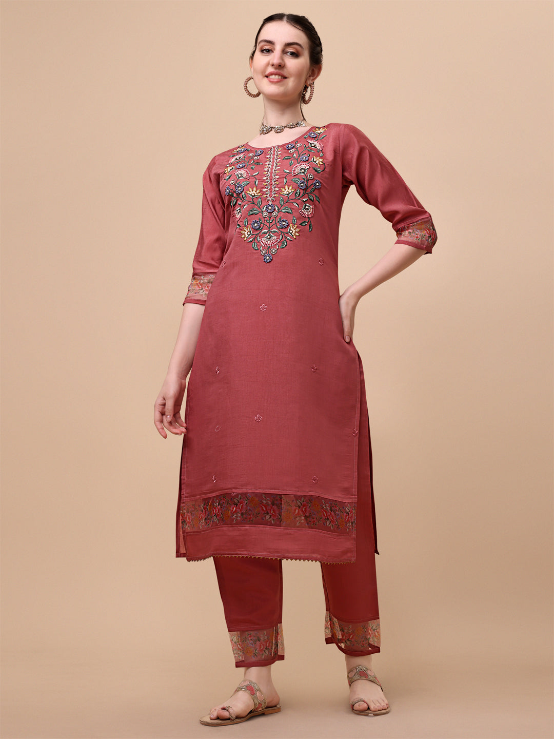 Embroidered Kurta With Pant & Printed Dupatta Set, Multicolor - Hiral Fashion