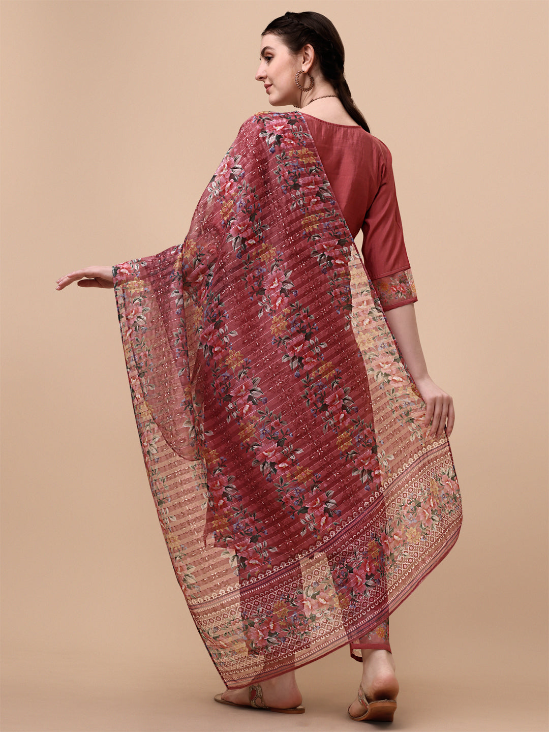 Embroidered Kurta With Pant & Printed Dupatta Set, Multicolor - Hiral Fashion