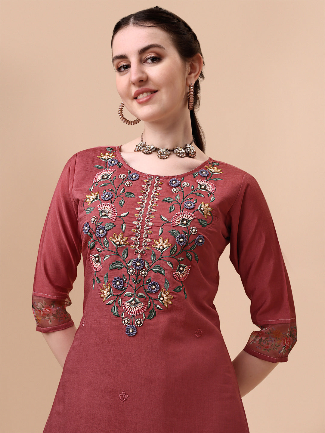 Embroidered Kurta With Pant & Printed Dupatta Set, Multicolor - Hiral Fashion