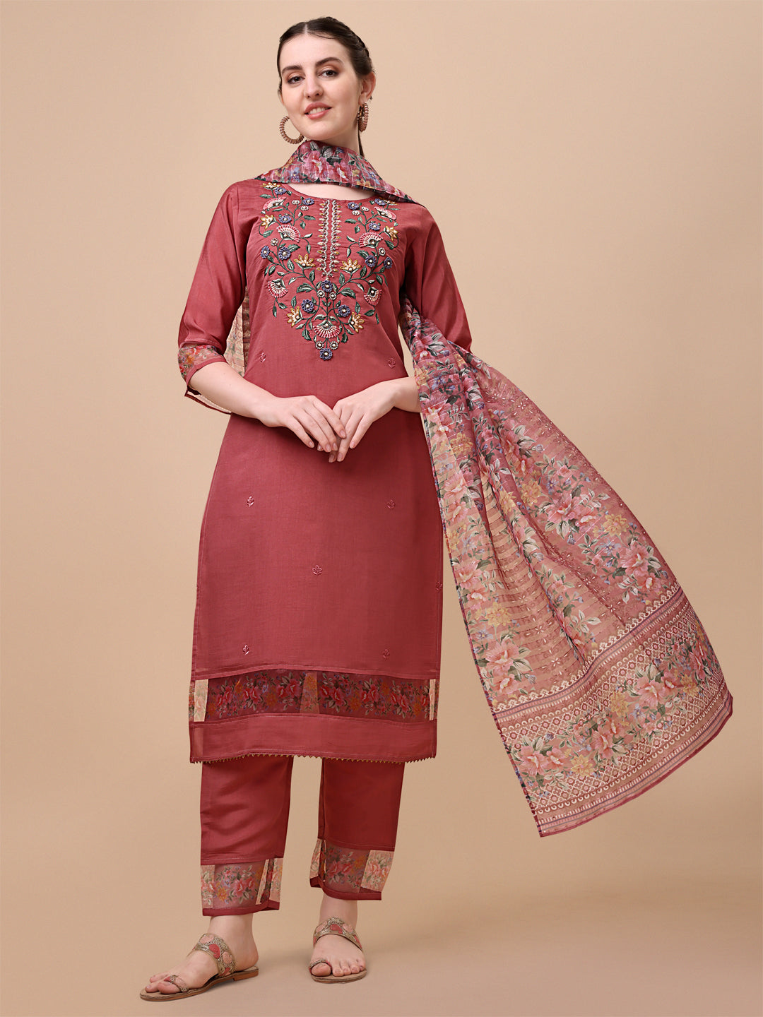 Embroidered Kurta With Pant & Printed Dupatta Set, Multicolor - Hiral Fashion