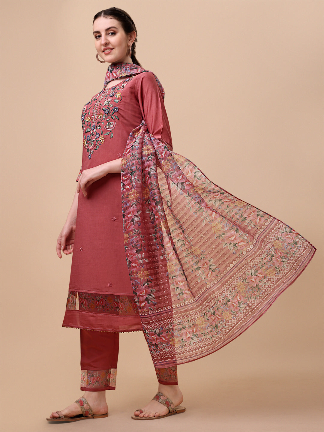 Embroidered Kurta With Pant & Printed Dupatta Set, Multicolor - Hiral Fashion