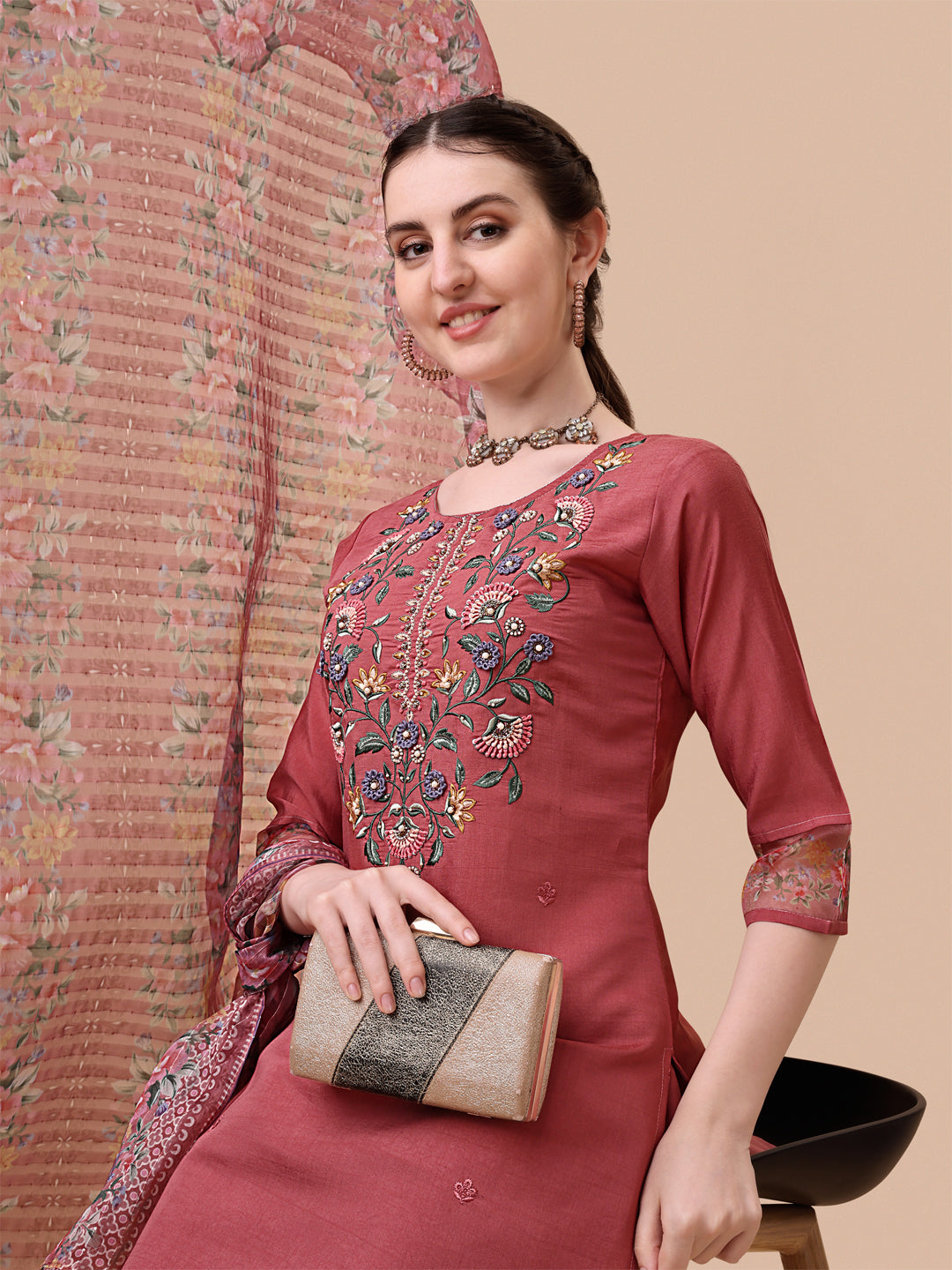 Embroidered Kurta With Pant & Printed Dupatta Set, Multicolor - Hiral Fashion