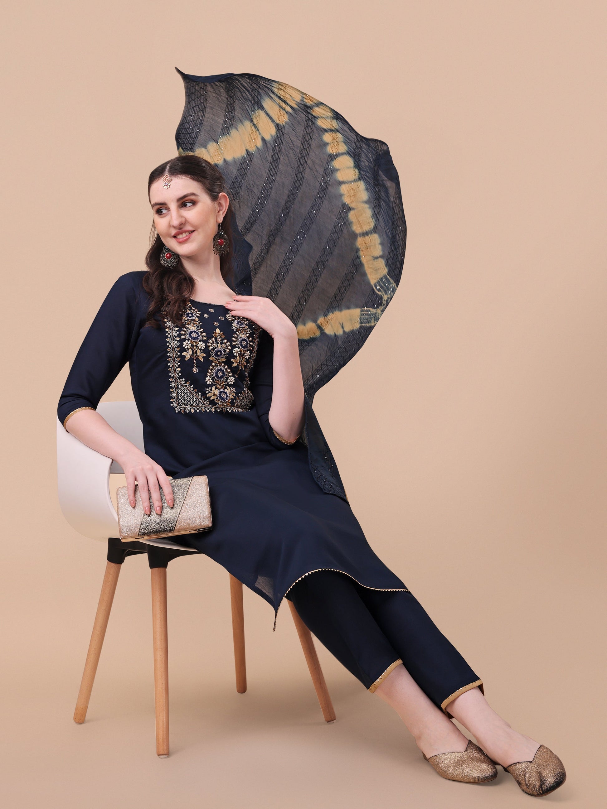 Embroidered Kurta , Pant & Dupatta Set, Multicolor - Hiral Fashion