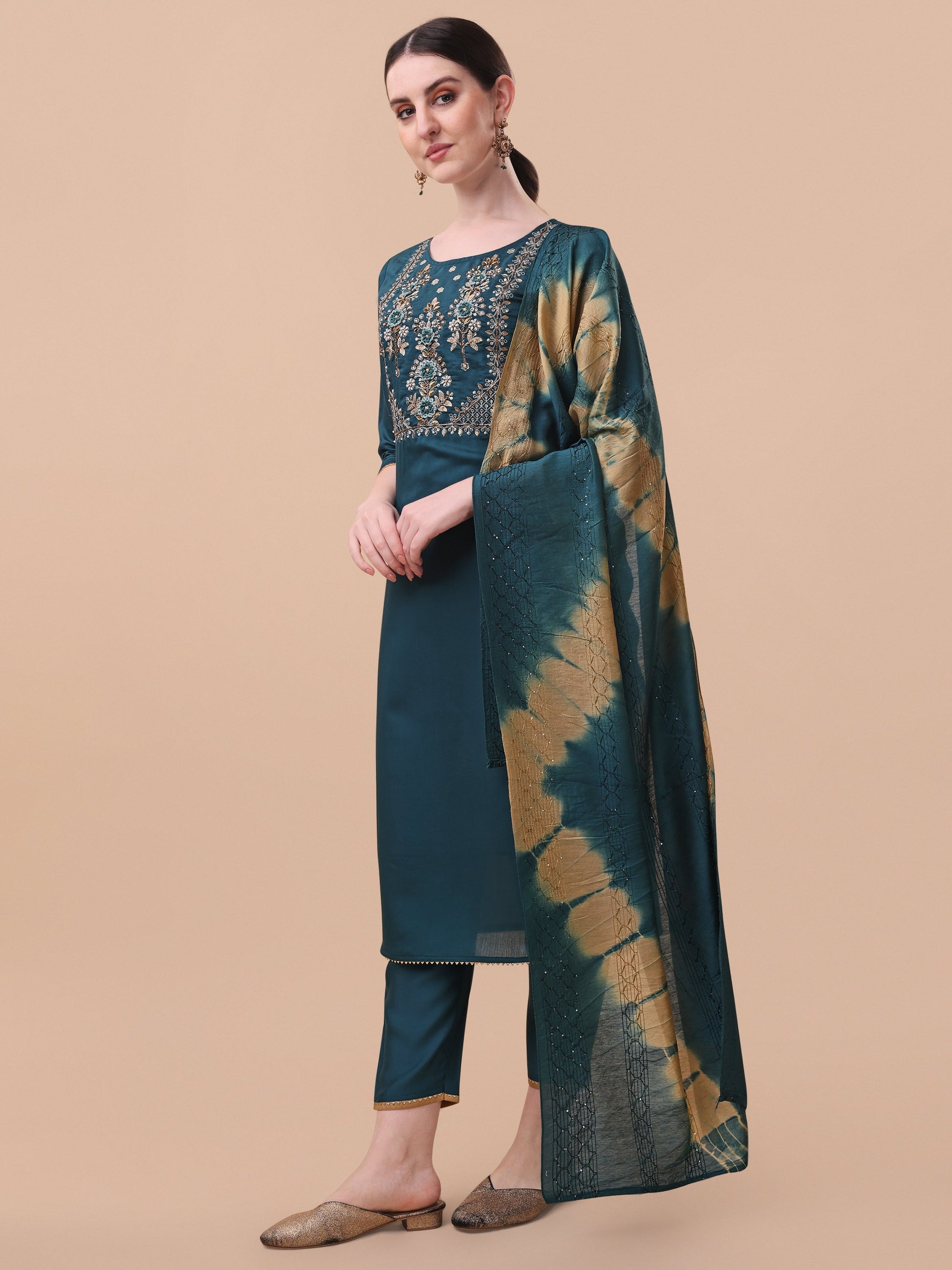 Embroidered Kurta With Pant& Dupatta Set, Multicolor - Hiral Fashion