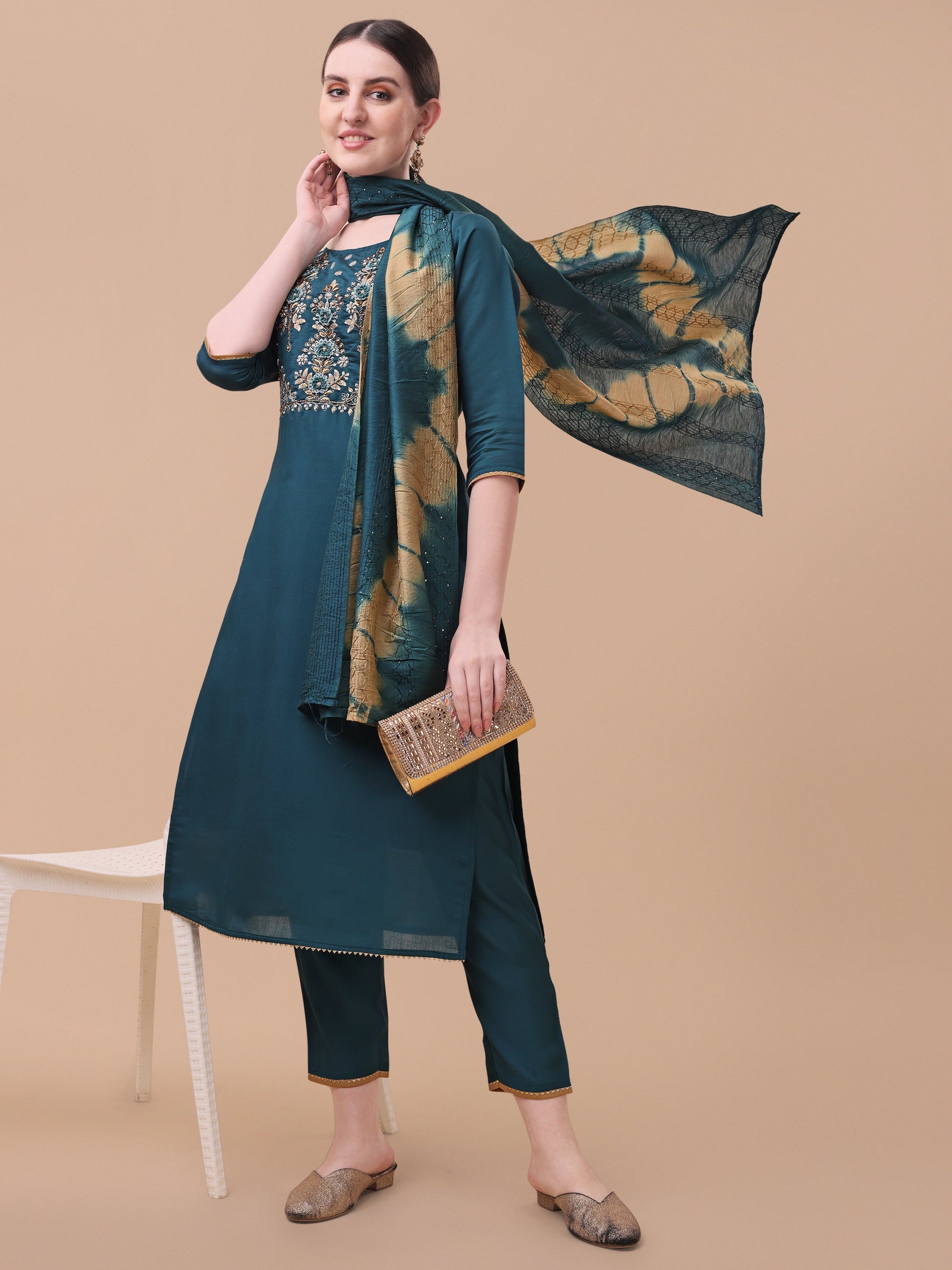 Embroidered Kurta With Pant& Dupatta Set, Multicolor - Hiral Fashion