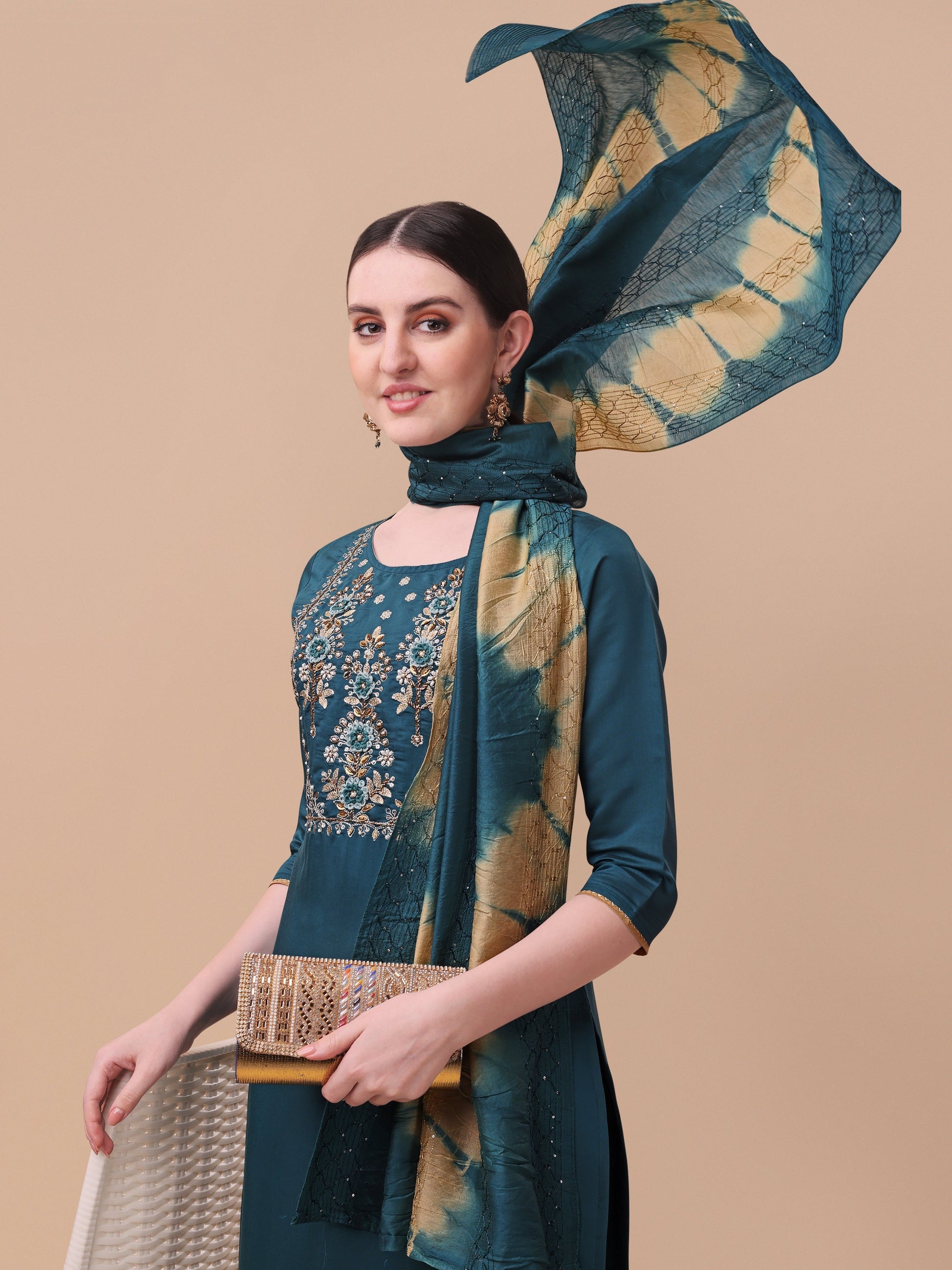 Embroidered Kurta With Pant& Dupatta Set, Multicolor - Hiral Fashion