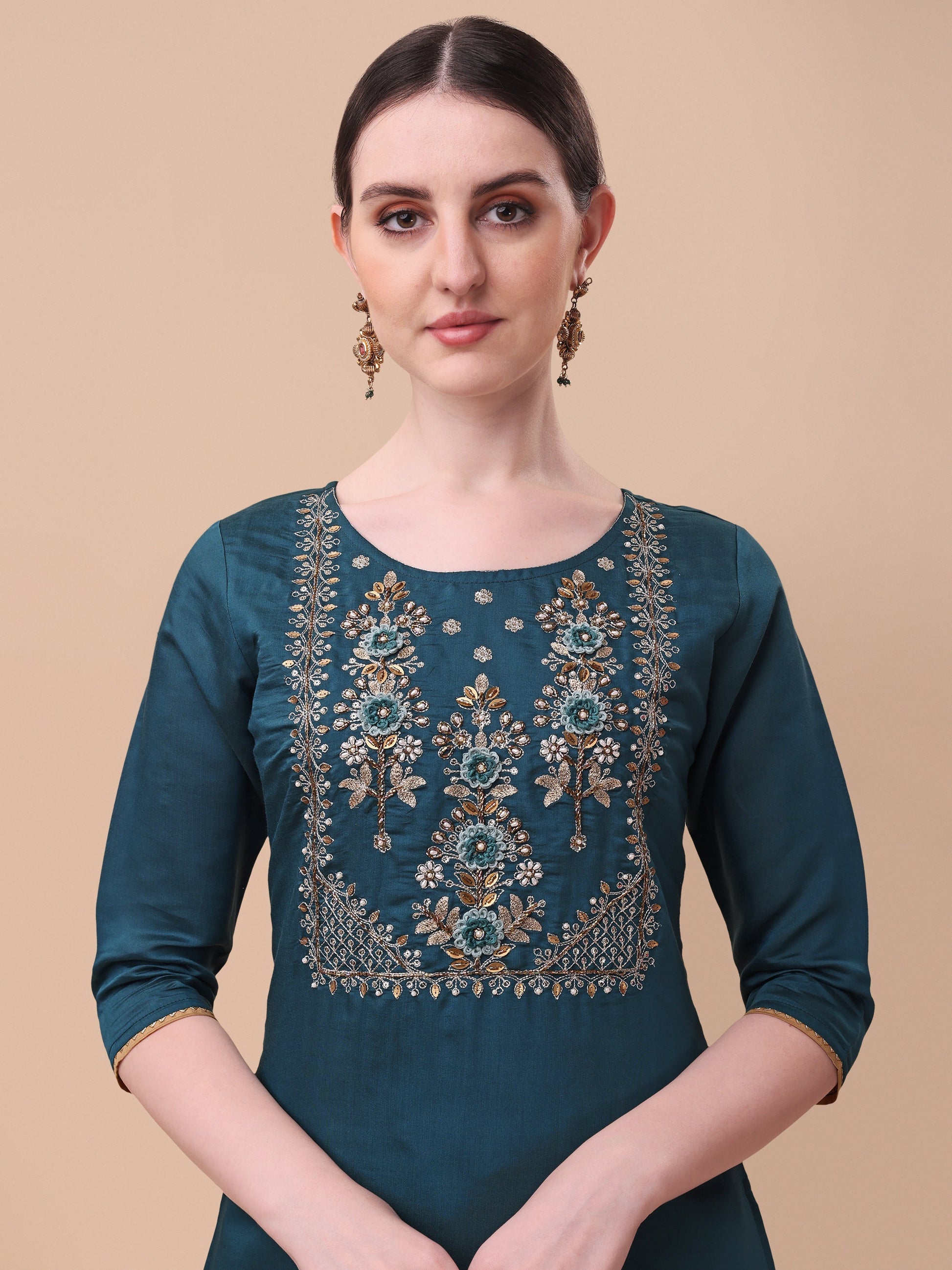 Embroidered Kurta With Pant& Dupatta Set, Multicolor - Hiral Fashion