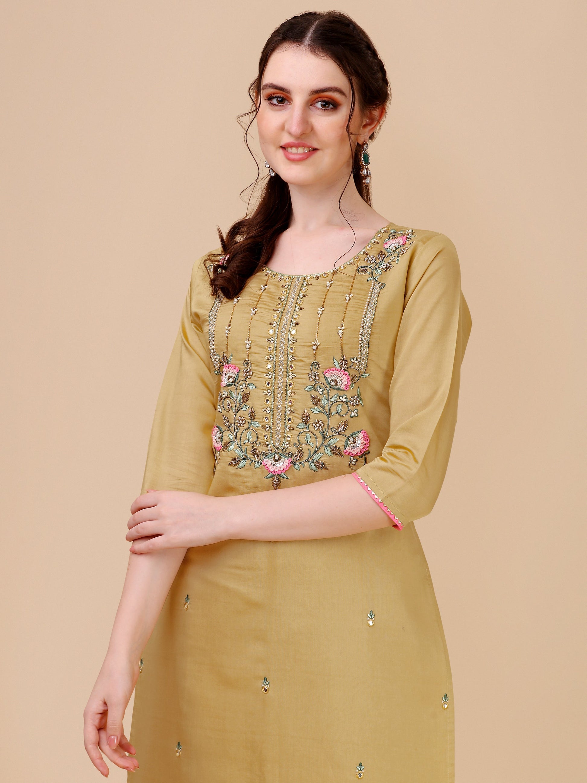 Embroidered Kurta With Pant & Printed Dupatta Set, Multicolor - Hiral Fashion