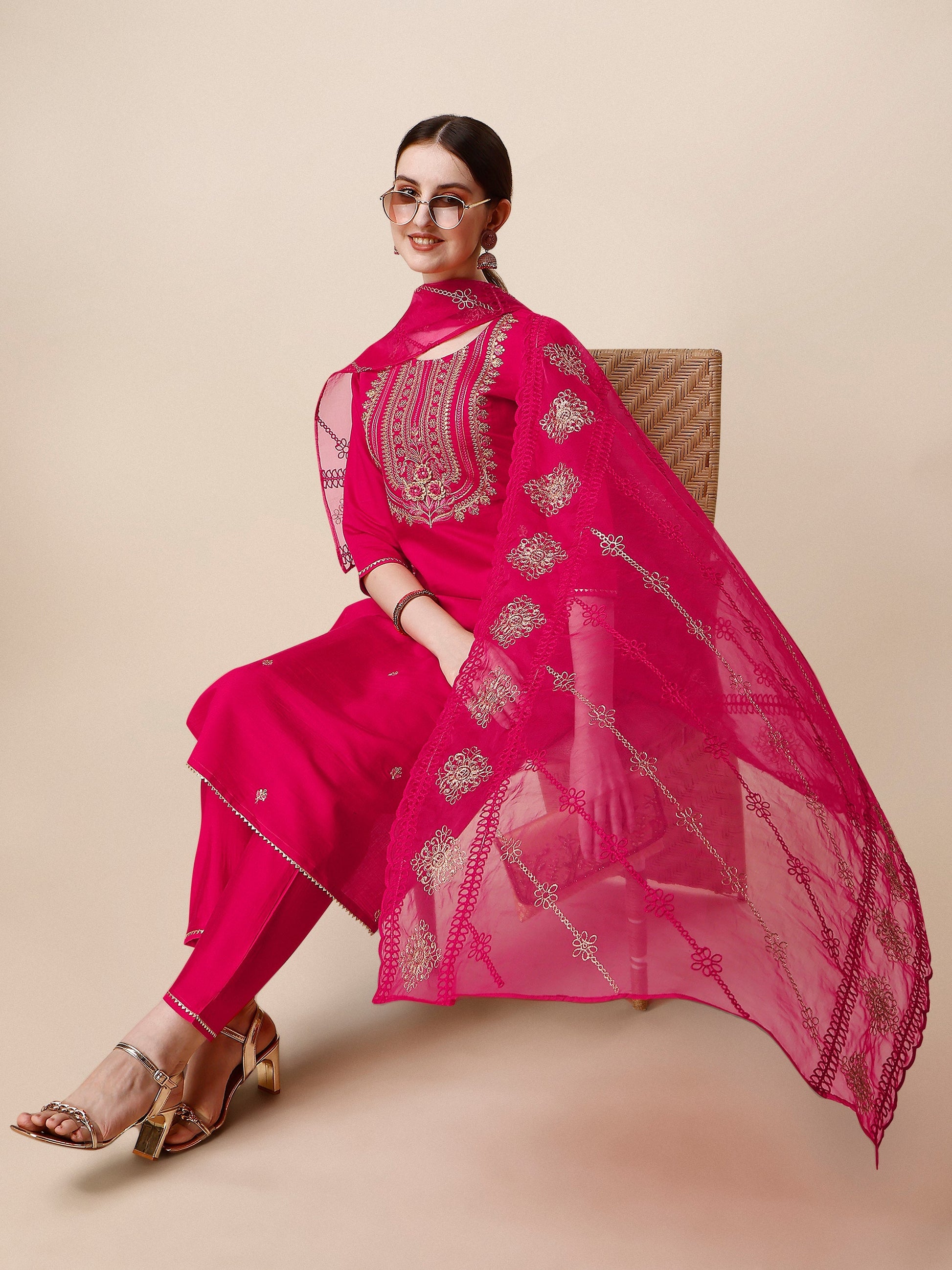 Embroidered Kurta With Pant & Dupatta Set, Multicolor - Hiral Fashion