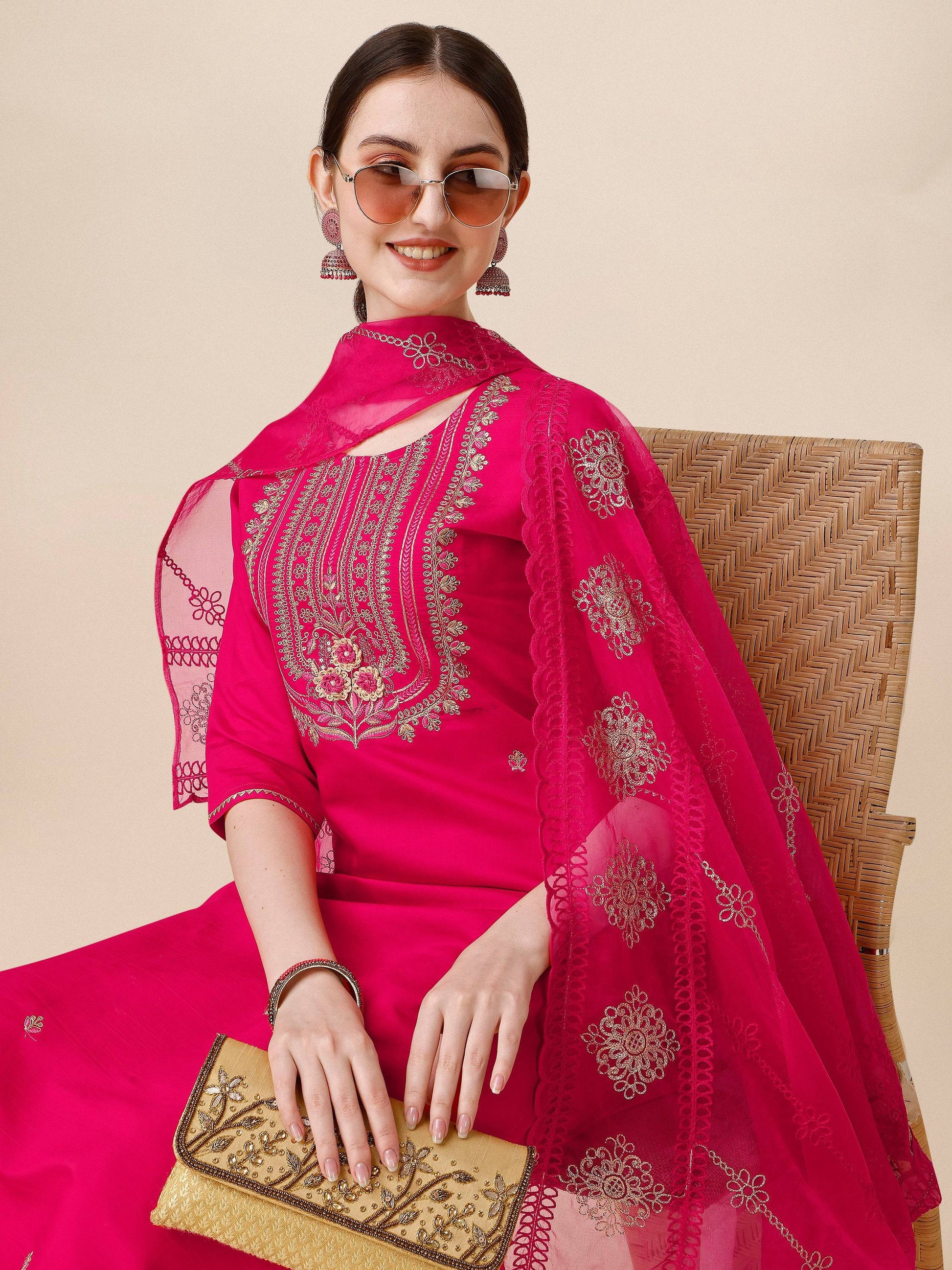 Embroidered Kurta With Pant & Dupatta Set, Multicolor - Hiral Fashion