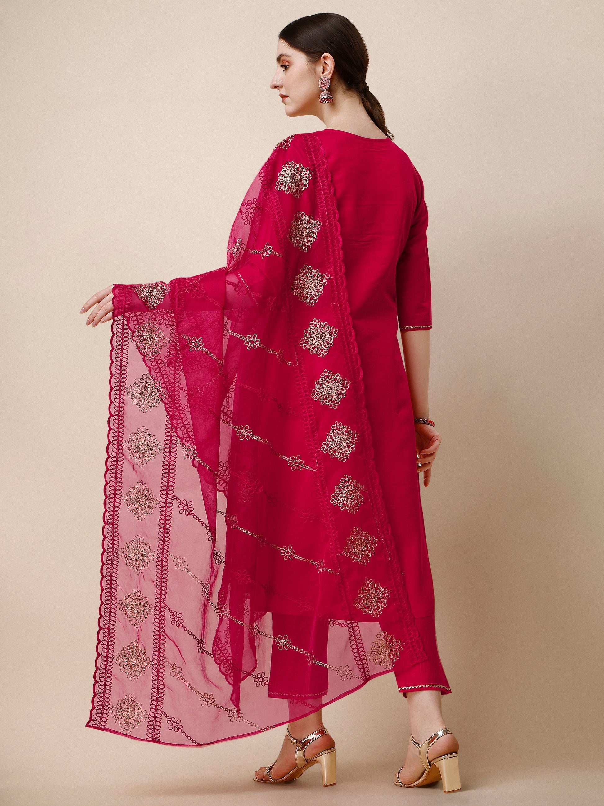 Embroidered Kurta With Pant & Dupatta Set, Multicolor - Hiral Fashion