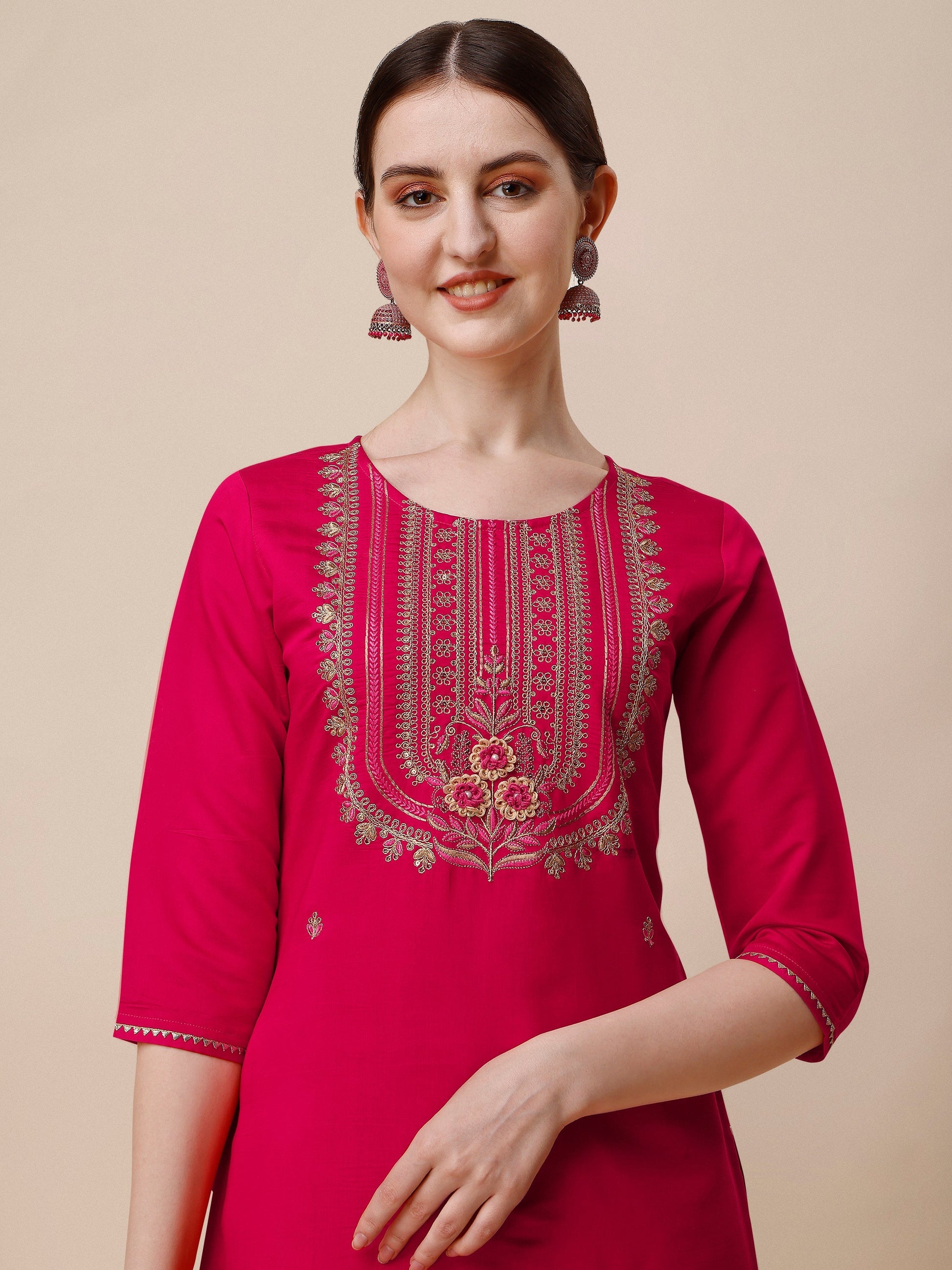 Embroidered Kurta With Pant & Dupatta Set, Multicolor - Hiral Fashion