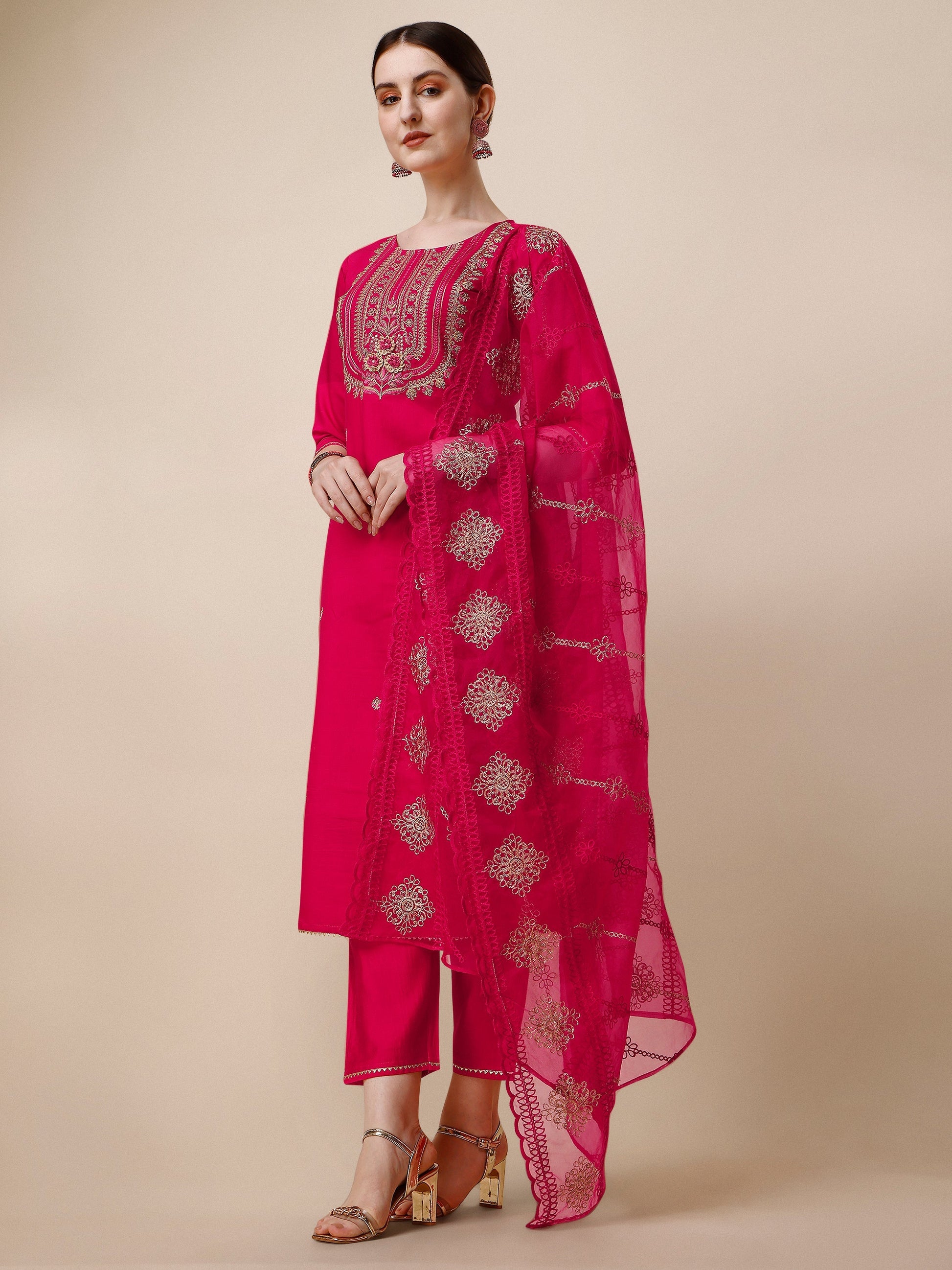 Embroidered Kurta With Pant & Dupatta Set, Multicolor - Hiral Fashion