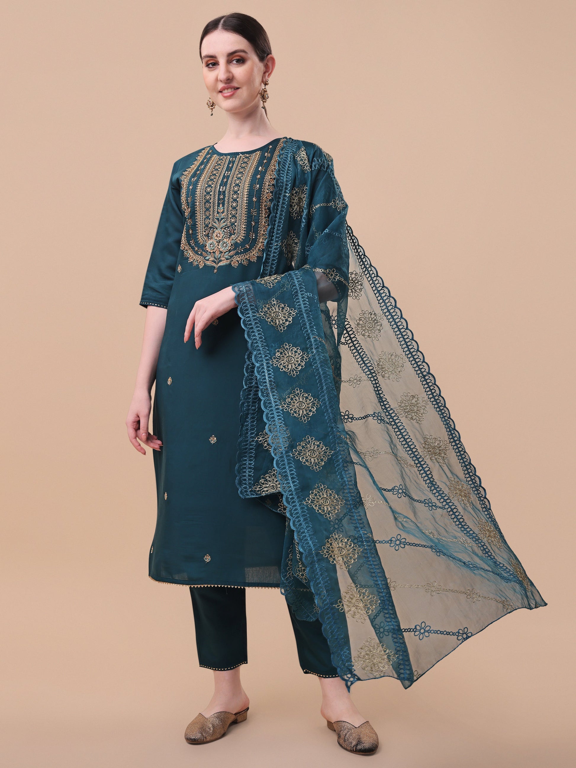 Embroidered Kurta With Pant & Dupatta Set, Multicolor - Hiral Fashion