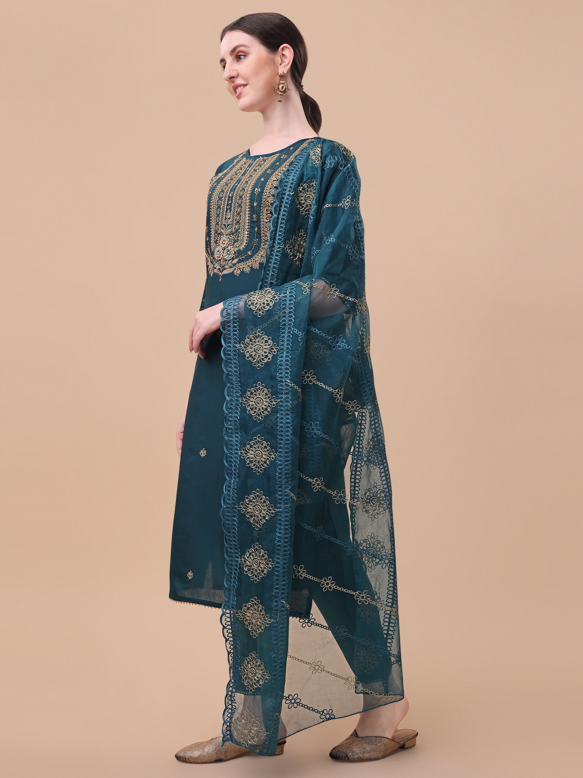 Embroidered Kurta With Pant & Dupatta Set, Multicolor - Hiral Fashion