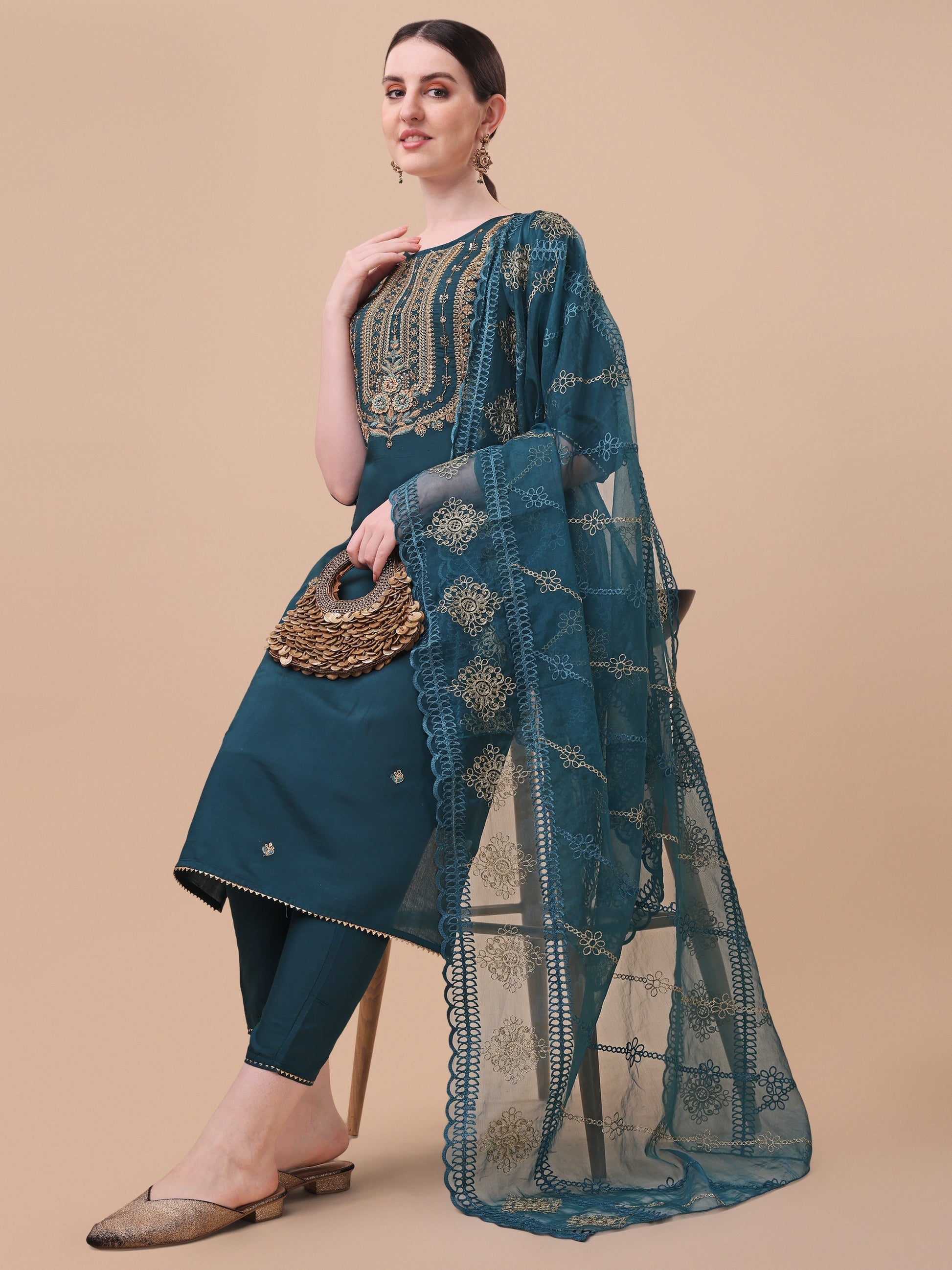 Embroidered Kurta With Pant & Dupatta Set, Multicolor - Hiral Fashion