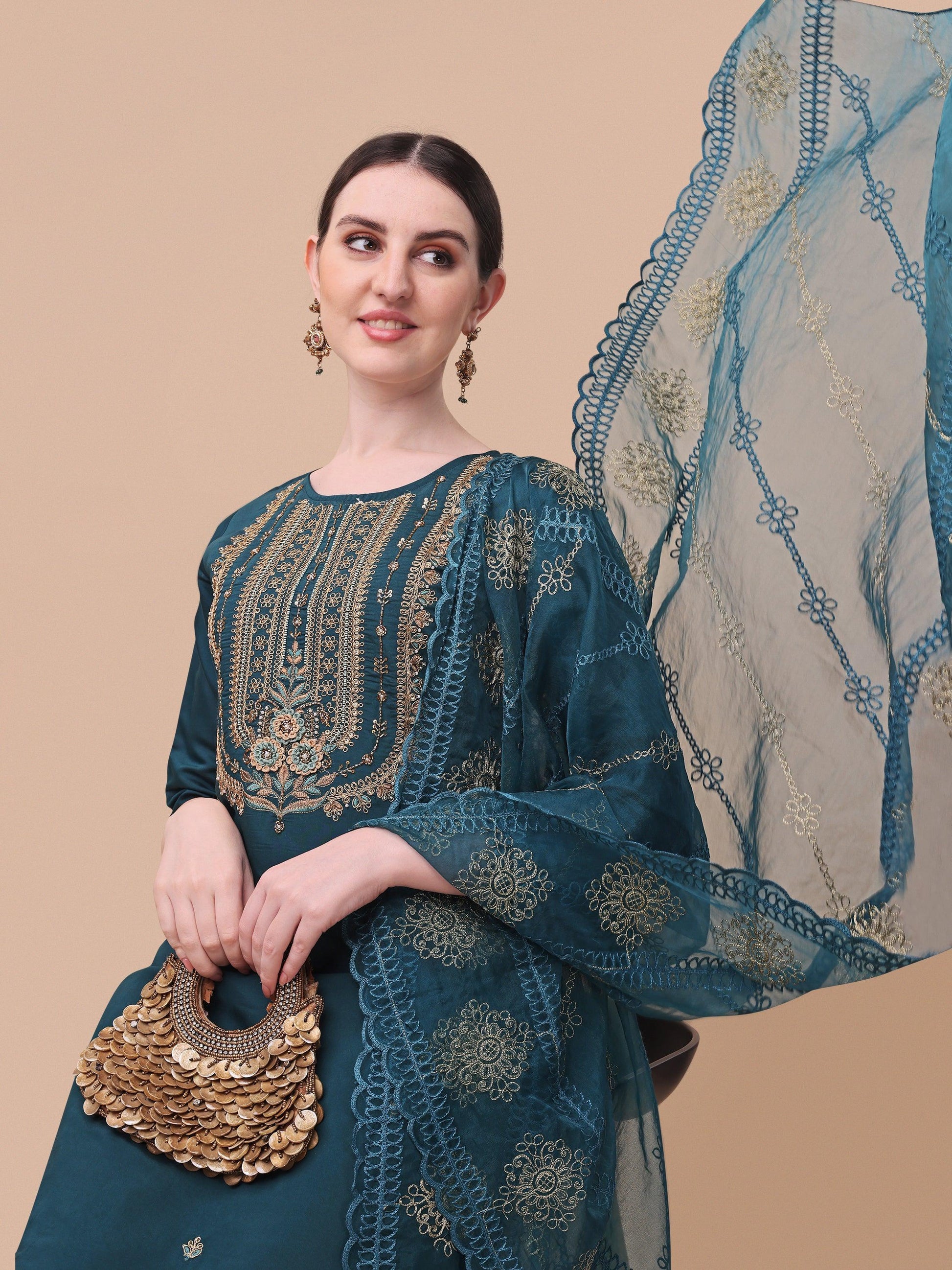 Embroidered Kurta With Pant & Dupatta Set, Multicolor - Hiral Fashion