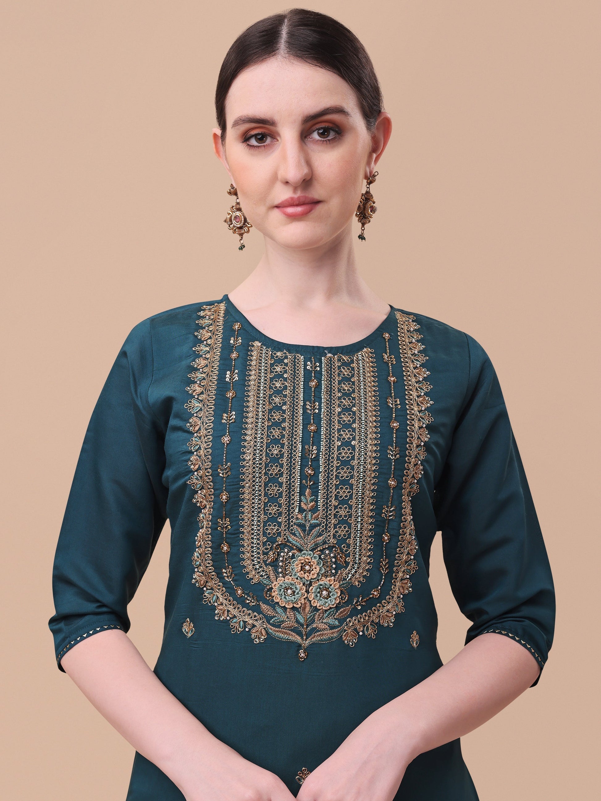 Embroidered Kurta With Pant & Dupatta Set, Multicolor - Hiral Fashion