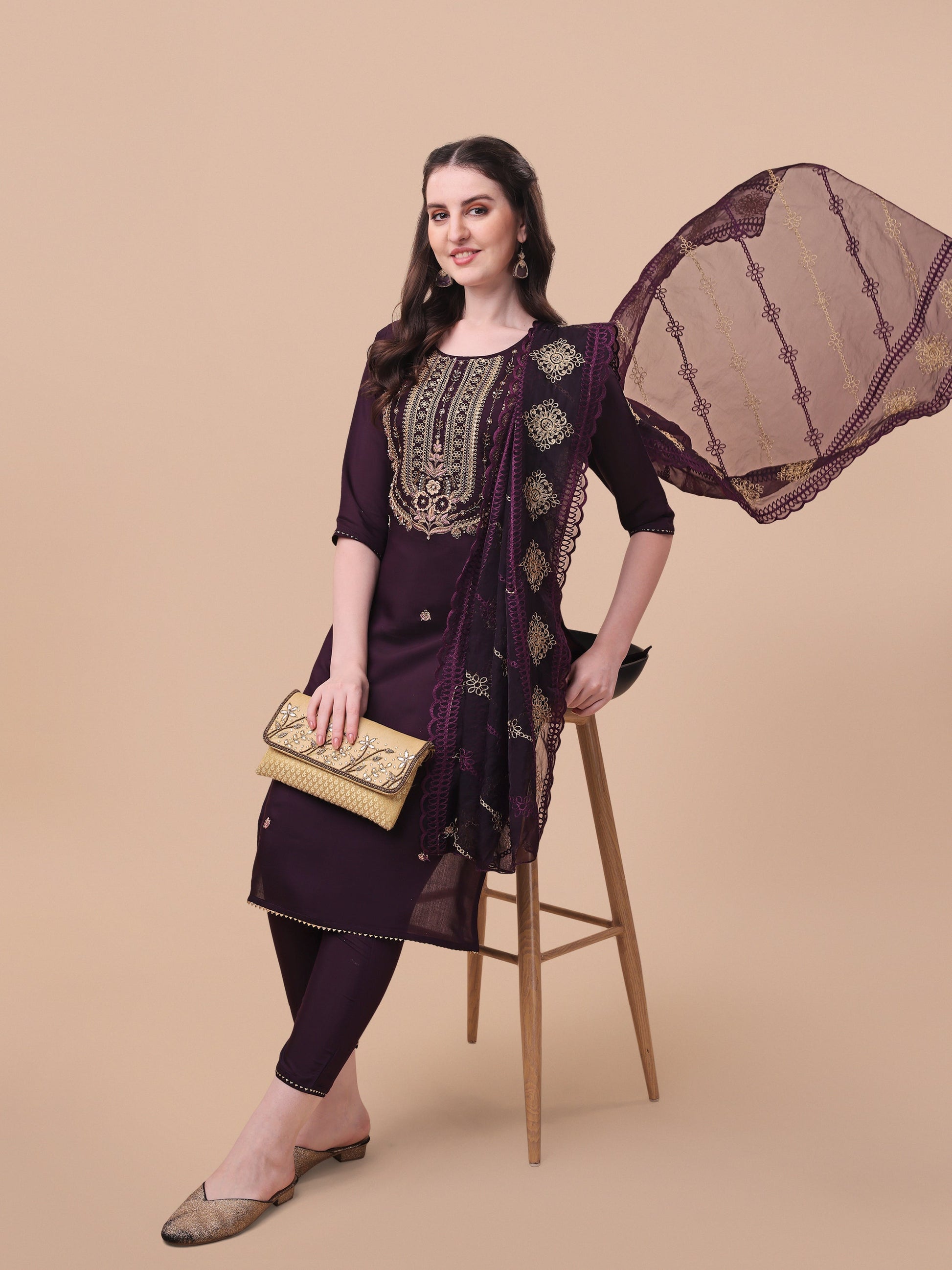 Embroidered Kurta With Pant & Dupatta Set, Multicolor - Hiral Fashion