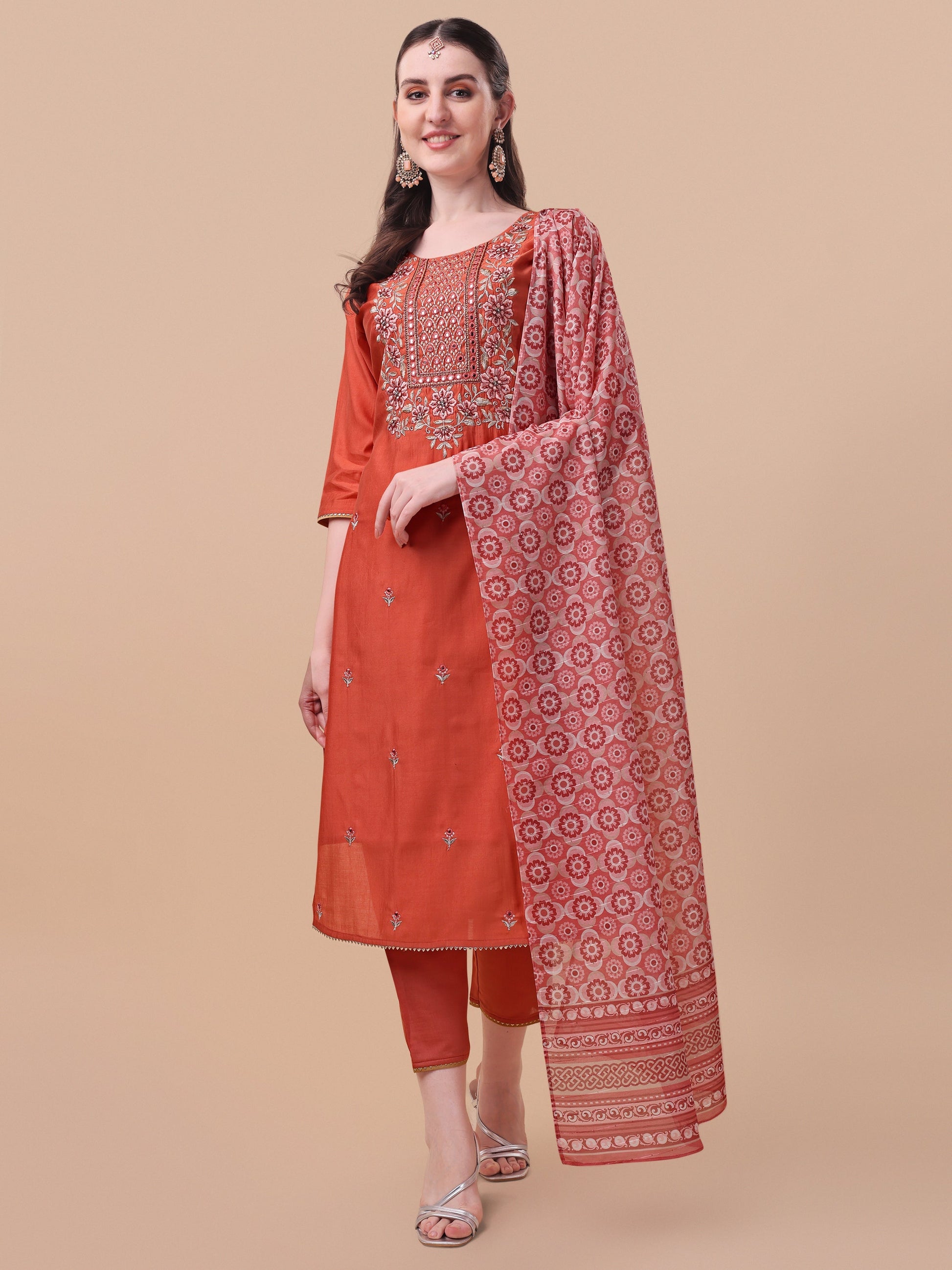 Embroidered Kurta With Pant And Printed Dupatta Set, Multicolor - Hiral Fashion