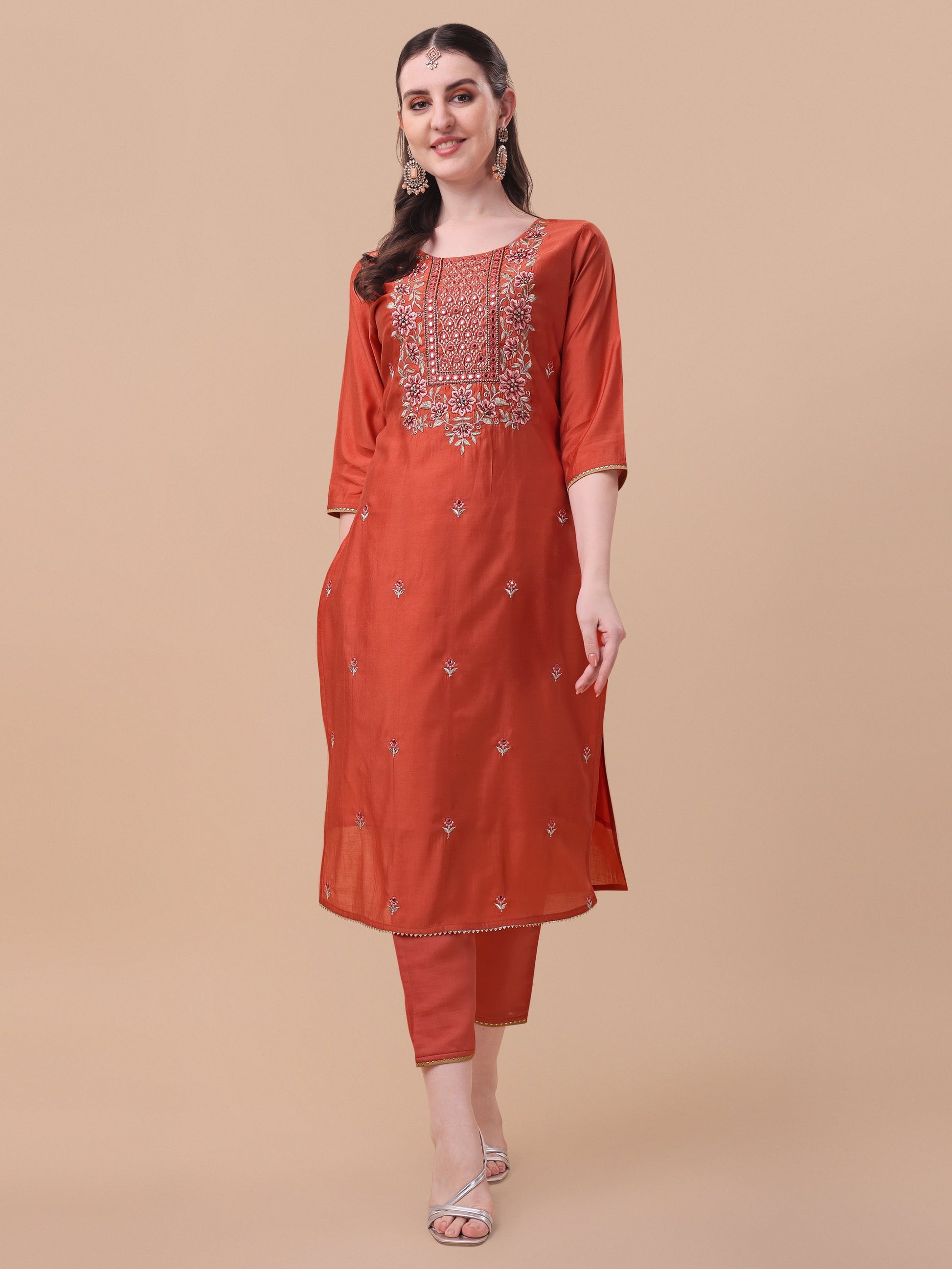 Embroidered Kurta With Pant And Printed Dupatta Set, Multicolor - Hiral Fashion
