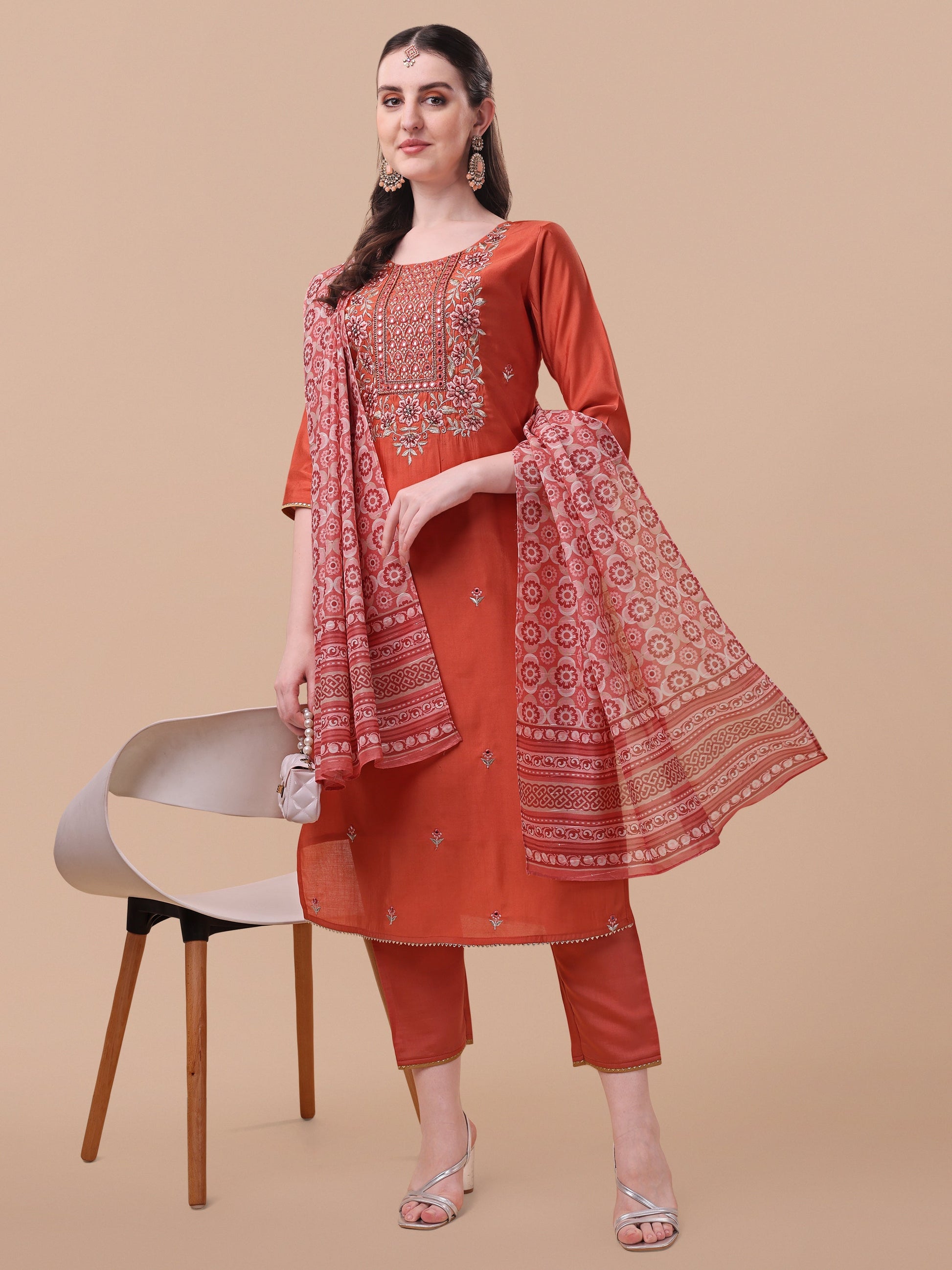Embroidered Kurta With Pant And Printed Dupatta Set, Multicolor - Hiral Fashion