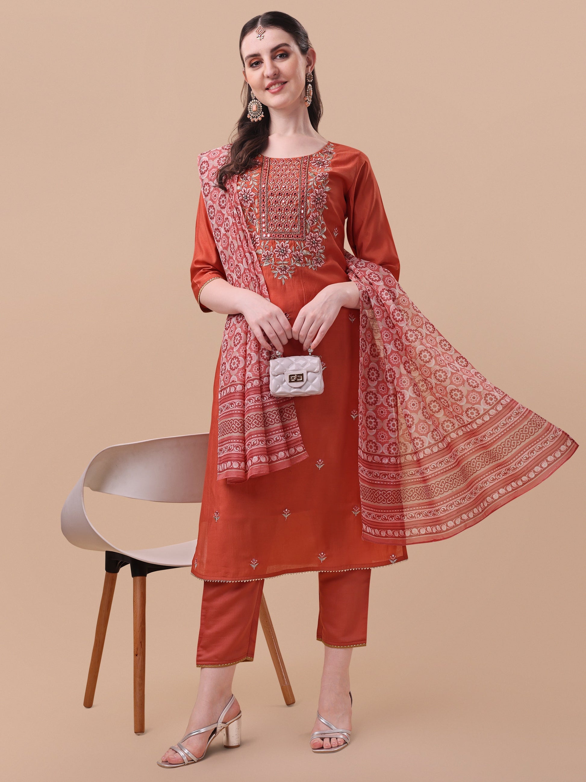 Embroidered Kurta With Pant And Printed Dupatta Set, Multicolor - Hiral Fashion