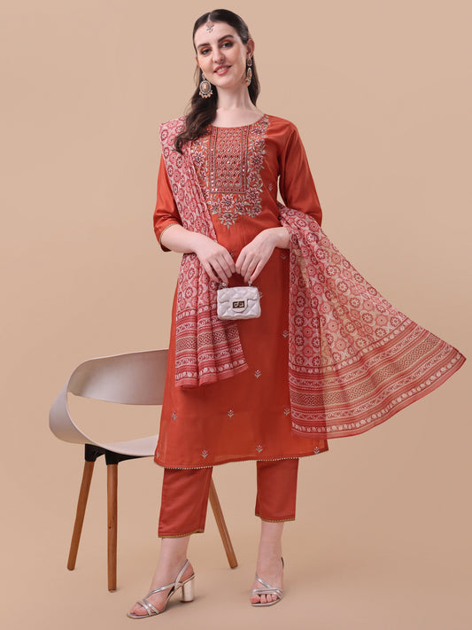 Embroidered Kurta With Pant And Printed Dupatta Set, Multicolor - Hiral Fashion