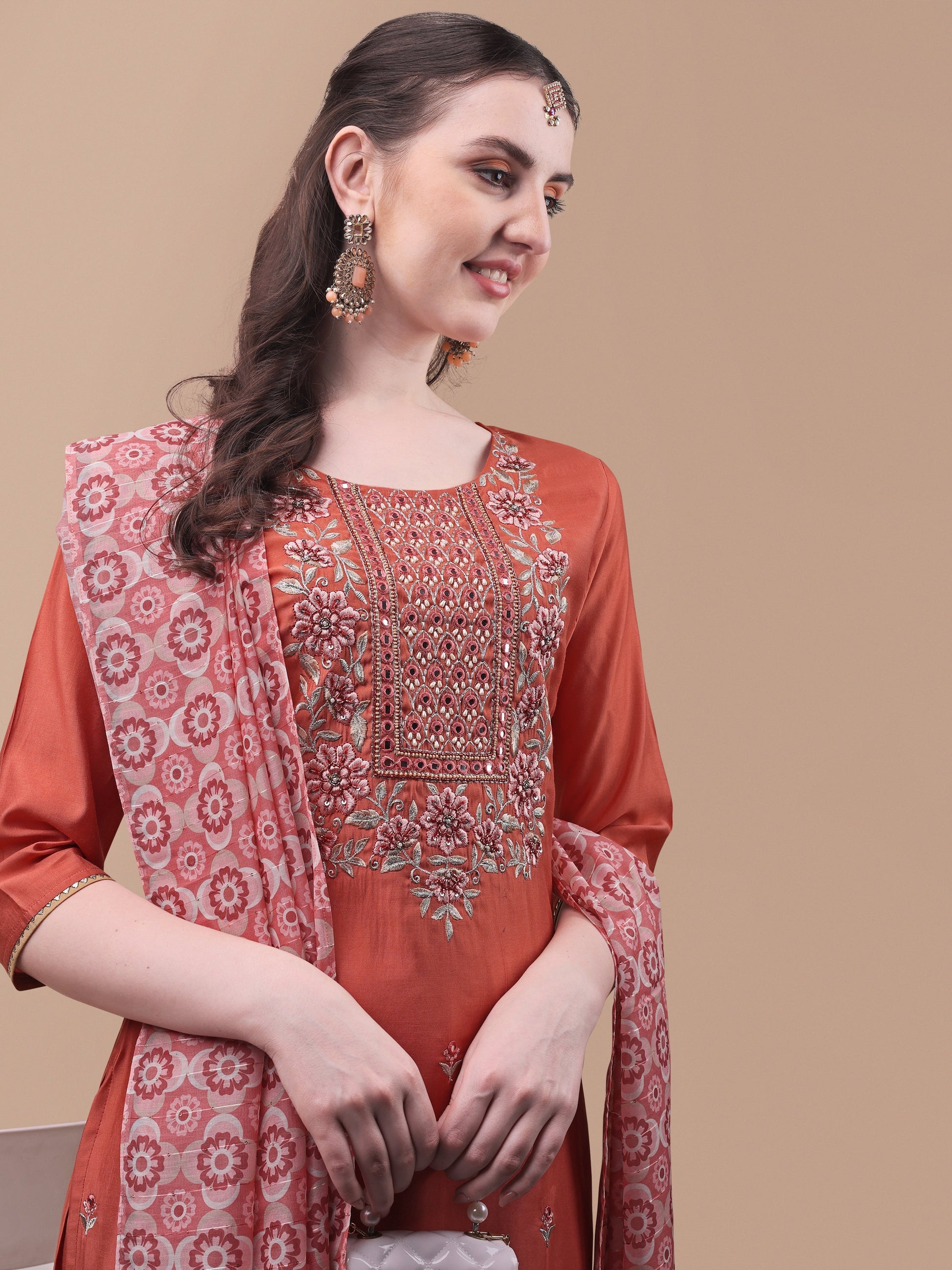 Embroidered Kurta With Pant And Printed Dupatta Set, Multicolor - Hiral Fashion
