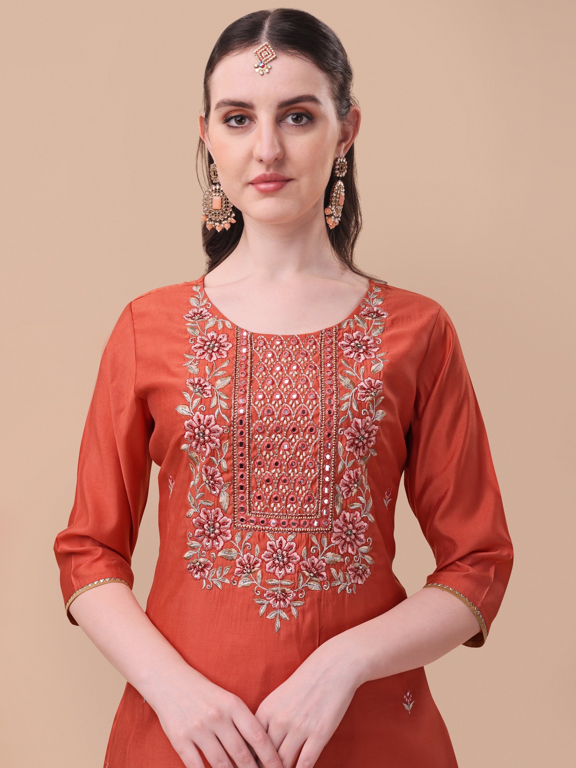 Embroidered Kurta With Pant And Printed Dupatta Set, Multicolor - Hiral Fashion