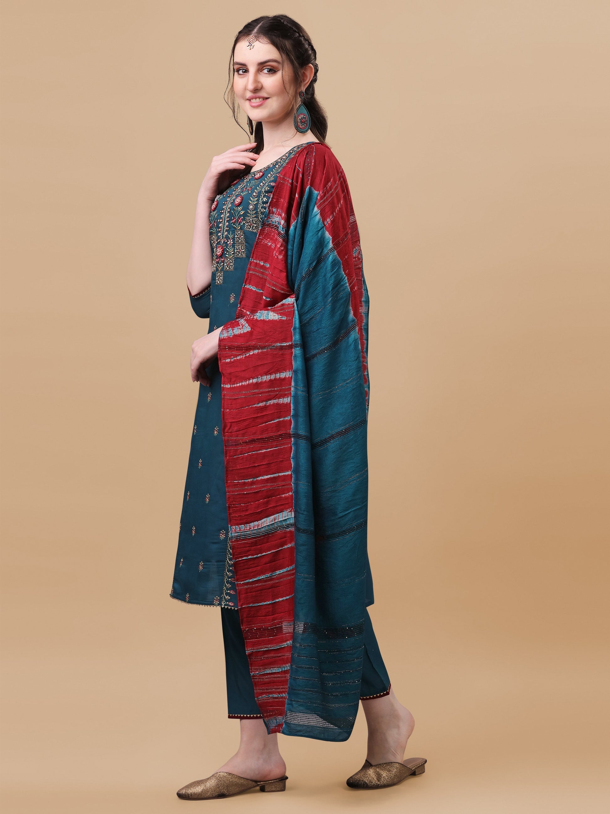 Printed Kurta With Pant And Dupatta Set, Multicolor - Hiral Fashion
