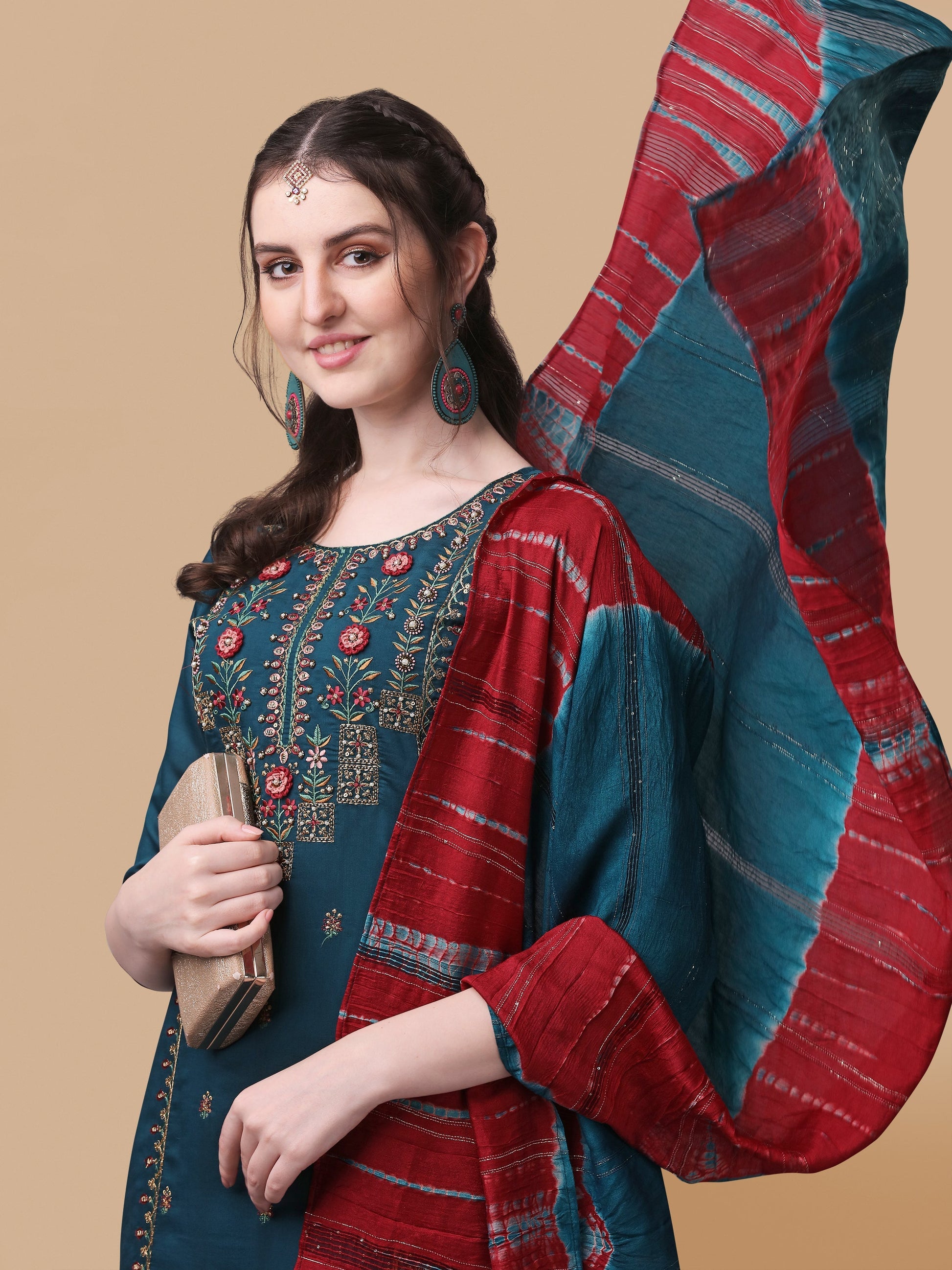 Printed Kurta With Pant And Dupatta Set, Multicolor - Hiral Fashion