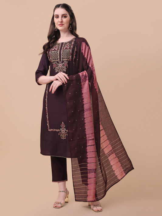 Embroidered Kurta With Pant & Dupatta Set, Multicolor - Hiral Fashion