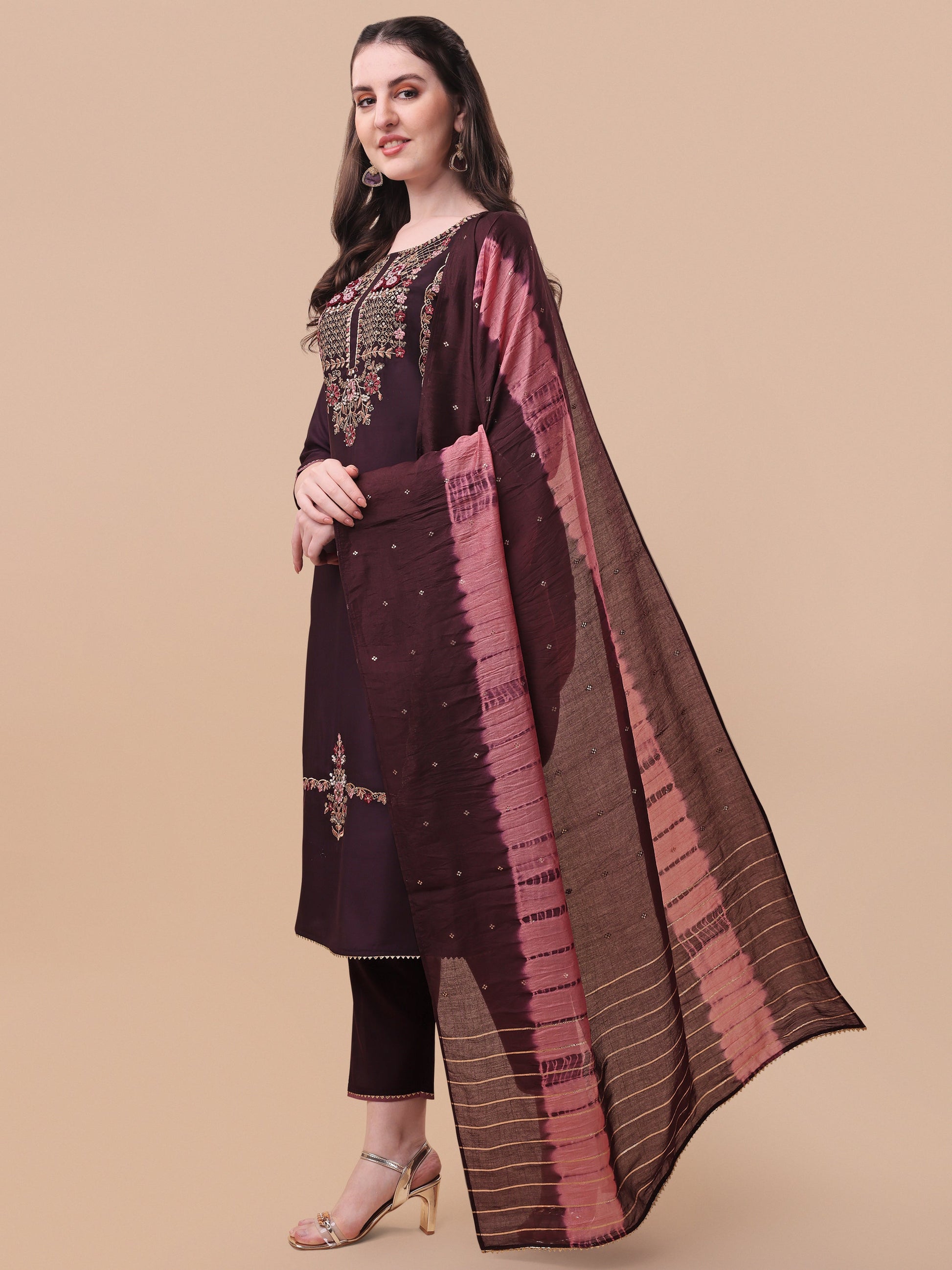 Embroidered Kurta With Pant & Dupatta Set, Multicolor - Hiral Fashion