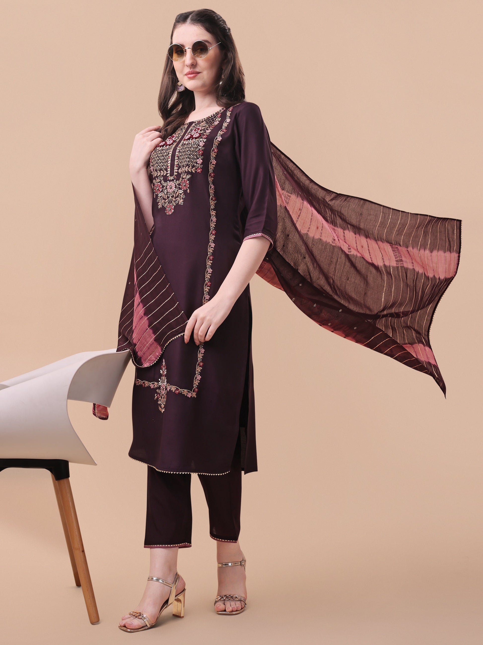 Embroidered Kurta With Pant & Dupatta Set, Multicolor - Hiral Fashion
