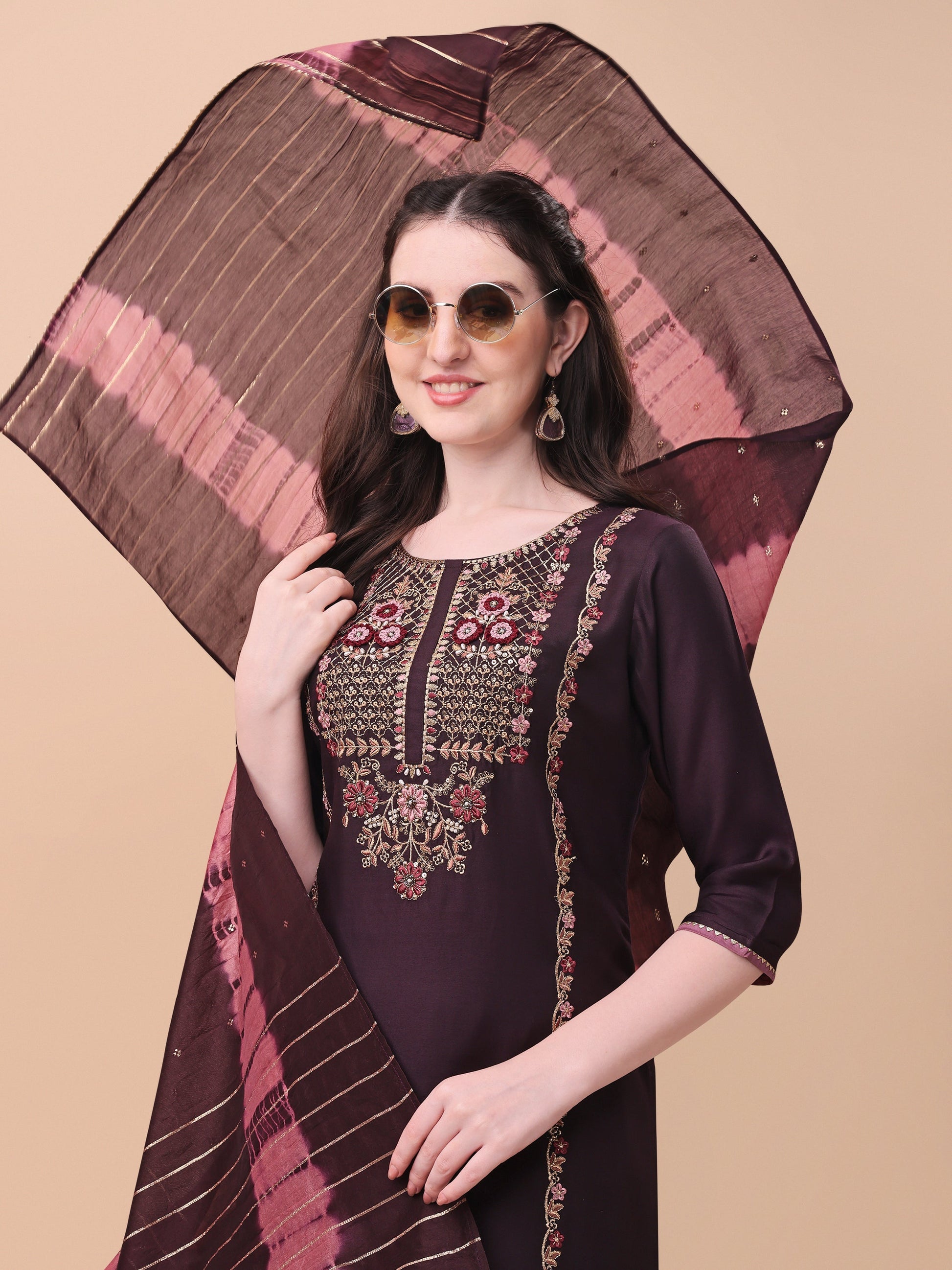 Embroidered Kurta With Pant & Dupatta Set, Multicolor - Hiral Fashion