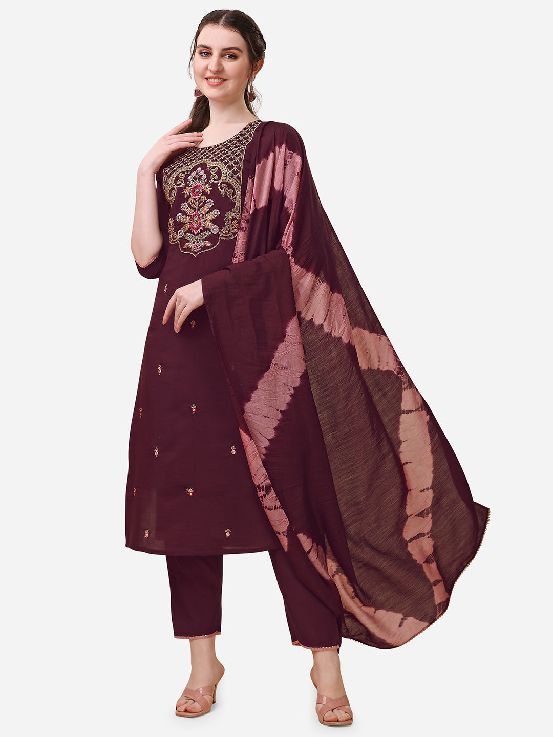 Embroidered Kurta With Pant And Dupatta Set, Multicolor - Hiral Fashion