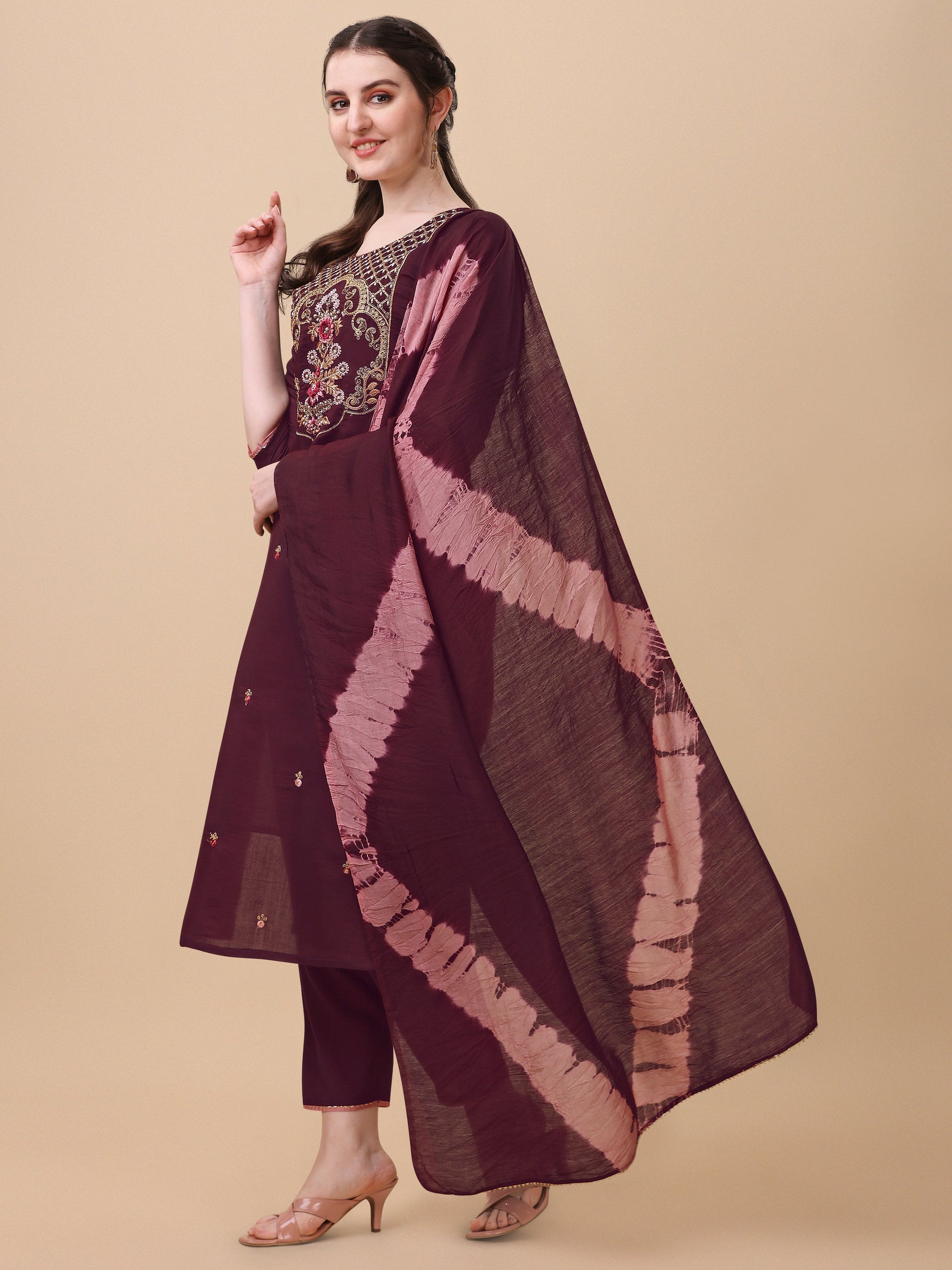 Embroidered Kurta With Pant And Dupatta Set, Multicolor - Hiral Fashion
